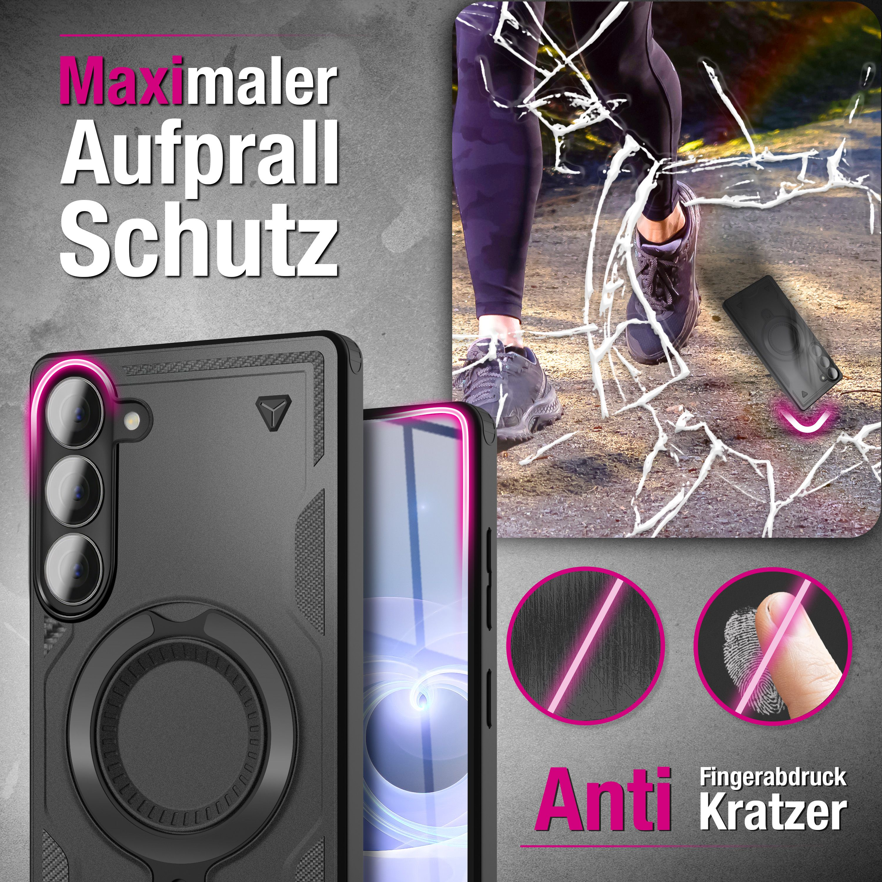 Schwarze Handyhülle mit Kameraschutz. Läuft auf zerkratztem Boden.
