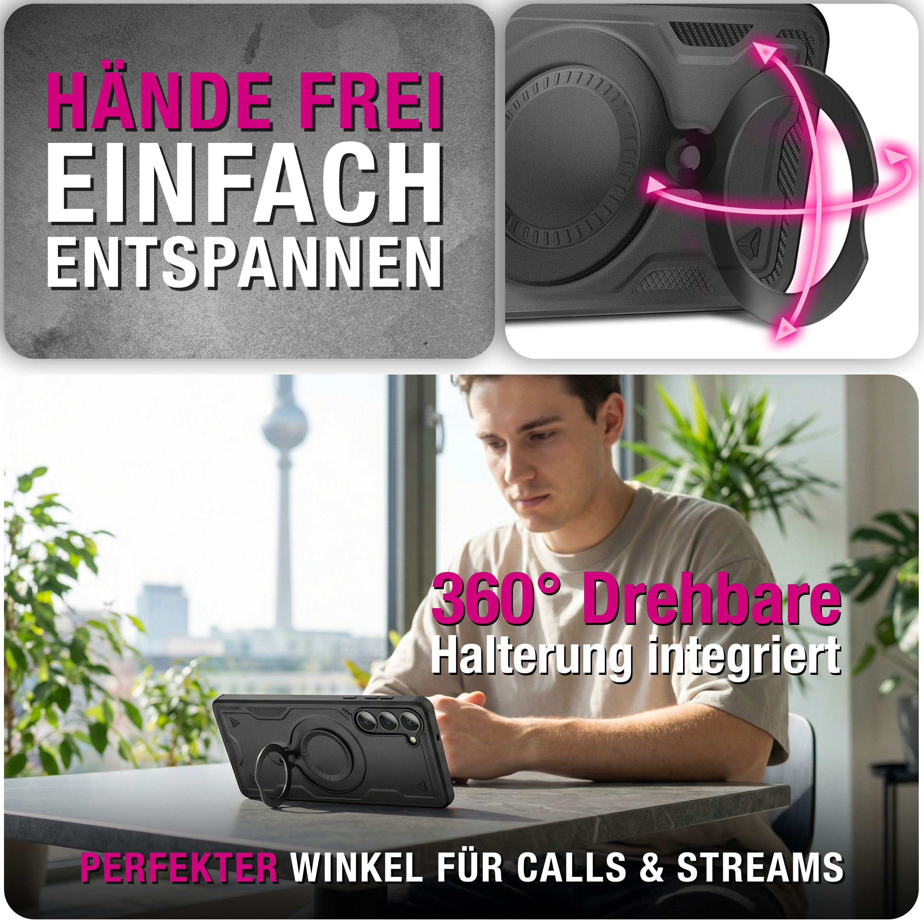 Produktbild: Handyhülle mit 360° drehbarer Halterung, Mann nutzt Handy