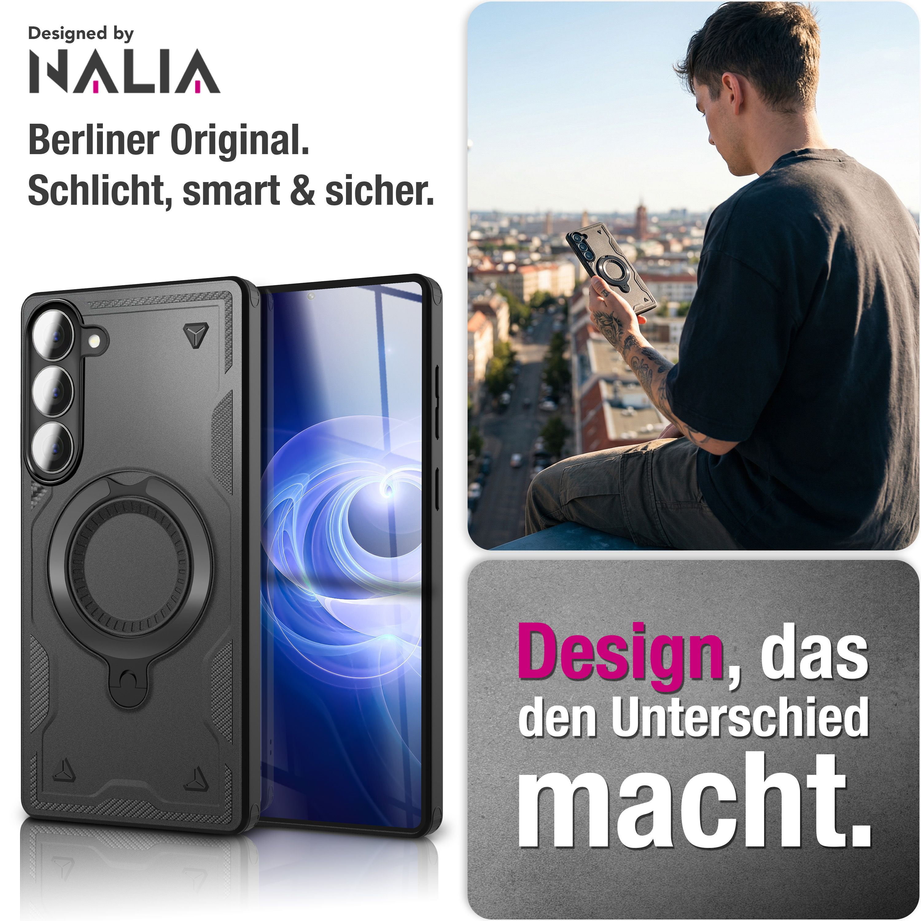 Schwarze Handyhülle mit Ringhalterung und Oberleitung.