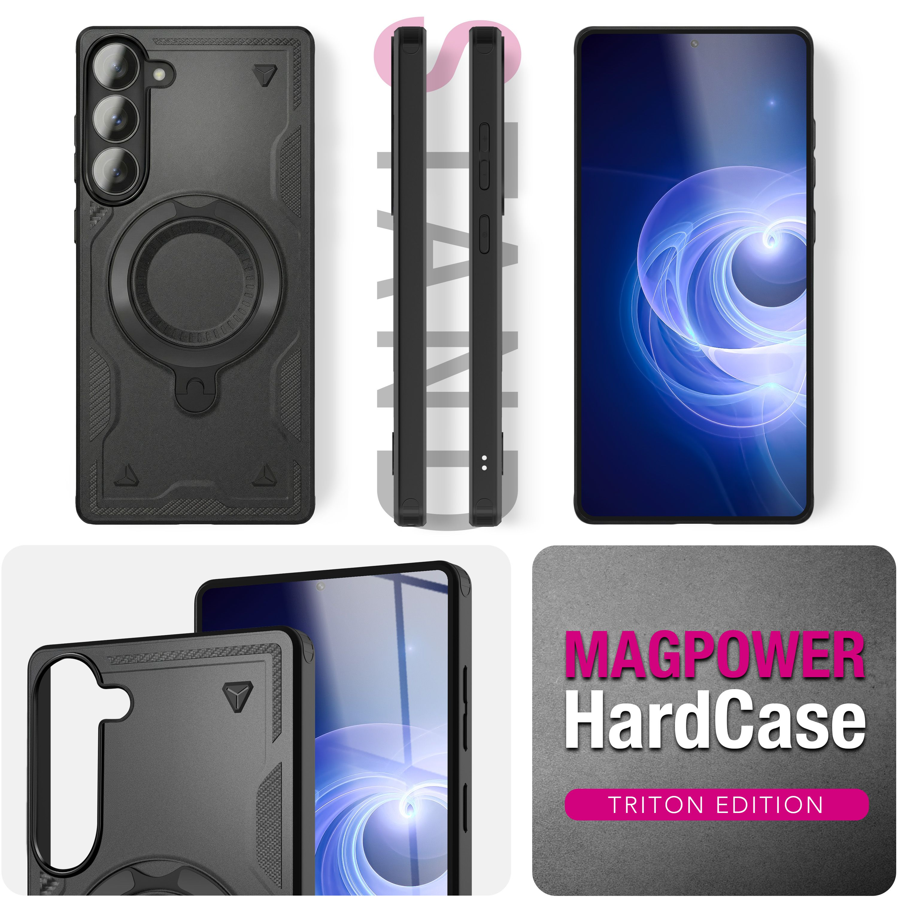 Schwarze Handyhülle mit Ringrückseite und Seitenansicht. Links ein Smartphone.