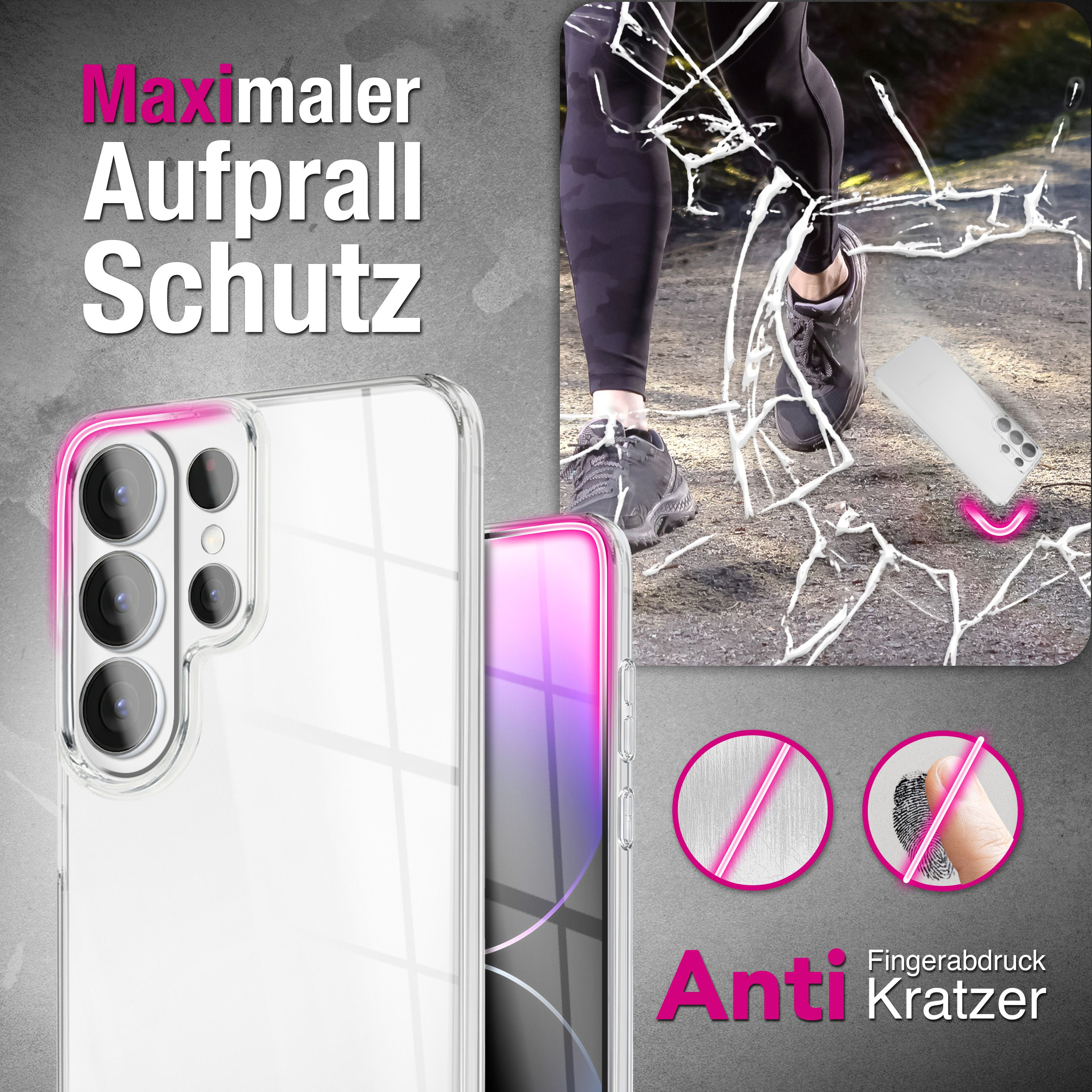 Klarer Handyhülle mit pinkem Rand, schützt vor Stürzen und Kratzern.