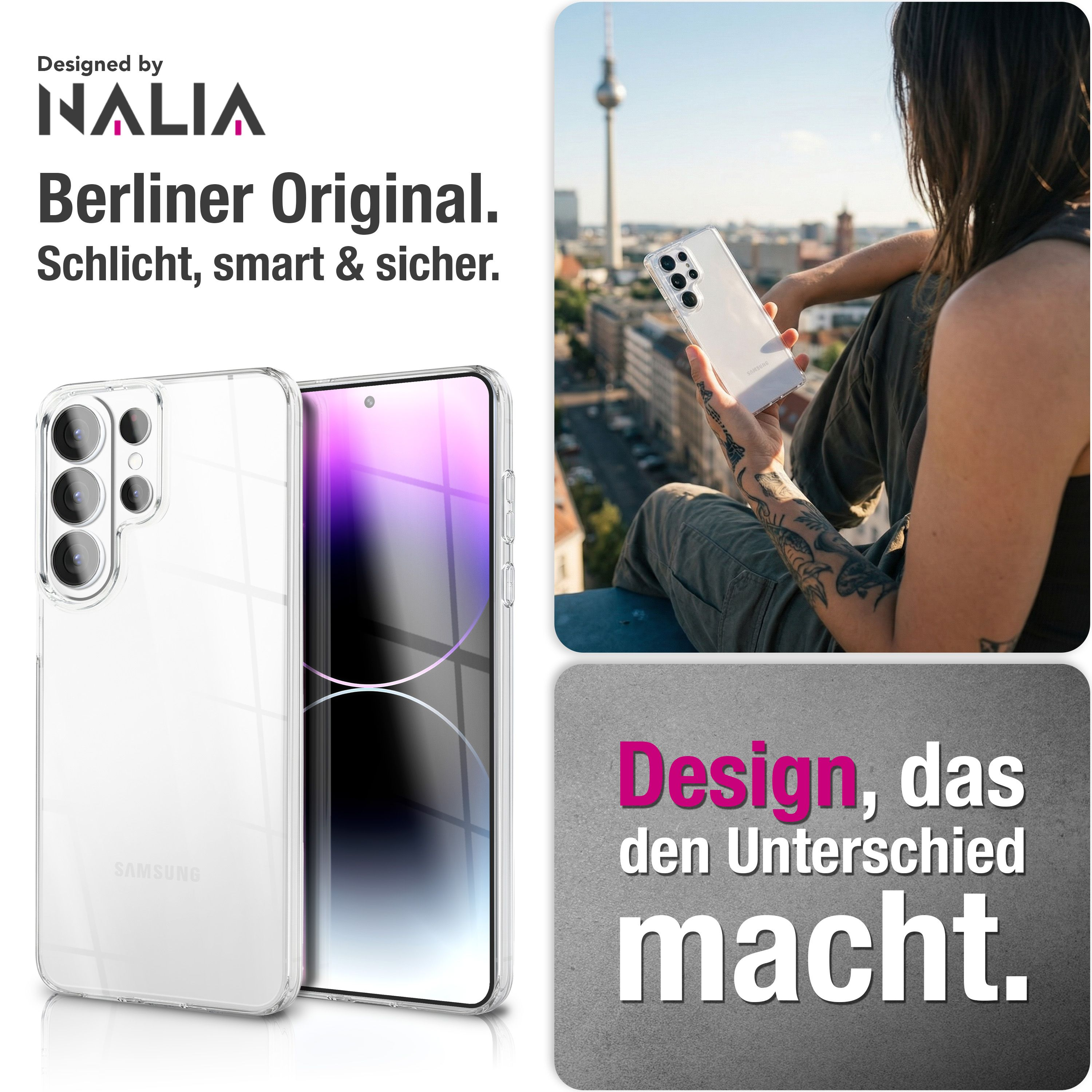 Klarer Handyhülle neben einem Handy mit Berliner Fernsehturm.