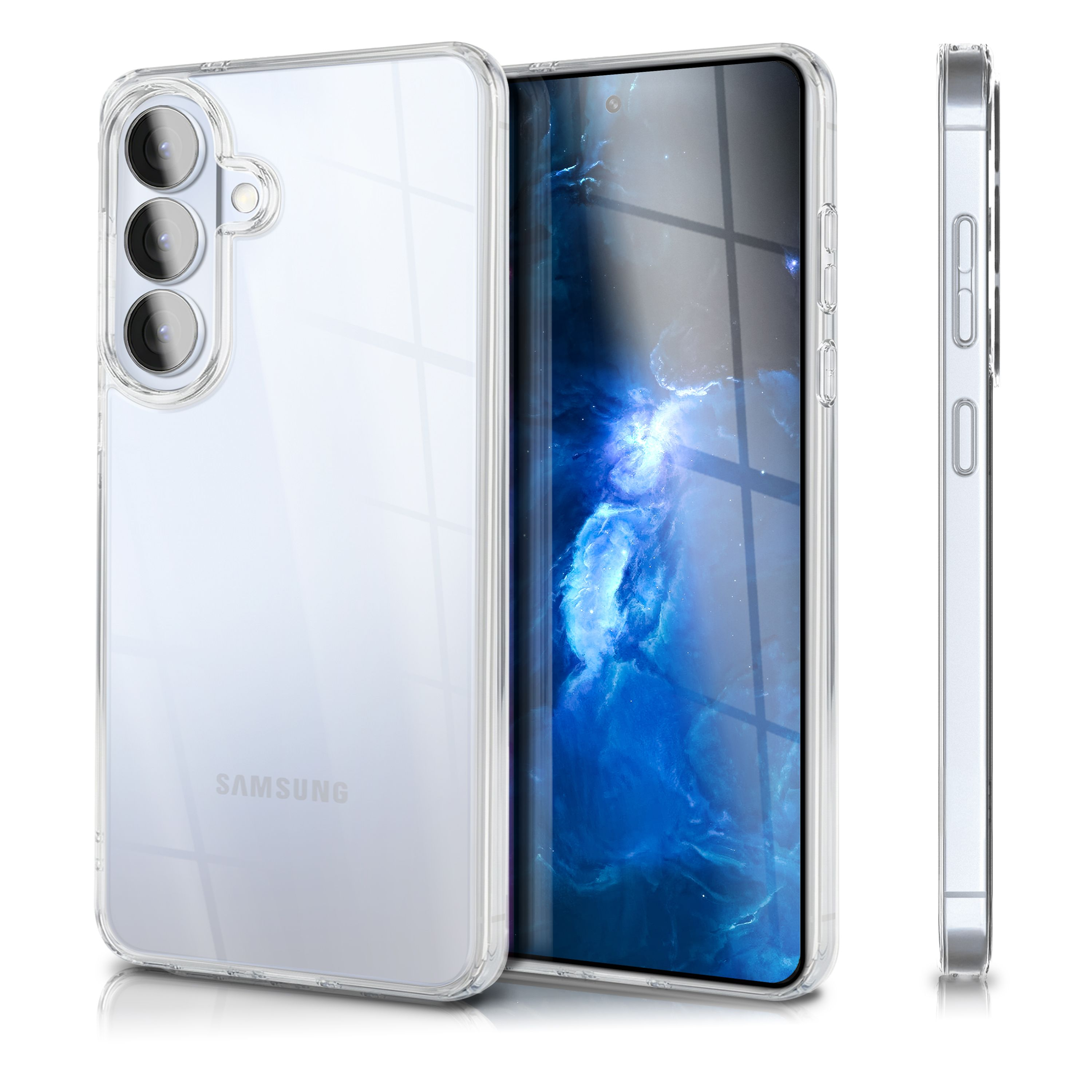 Ein durchsichtiges Handyhülle mit einem Samsung-Telefon mit Weltraumhintergrund.