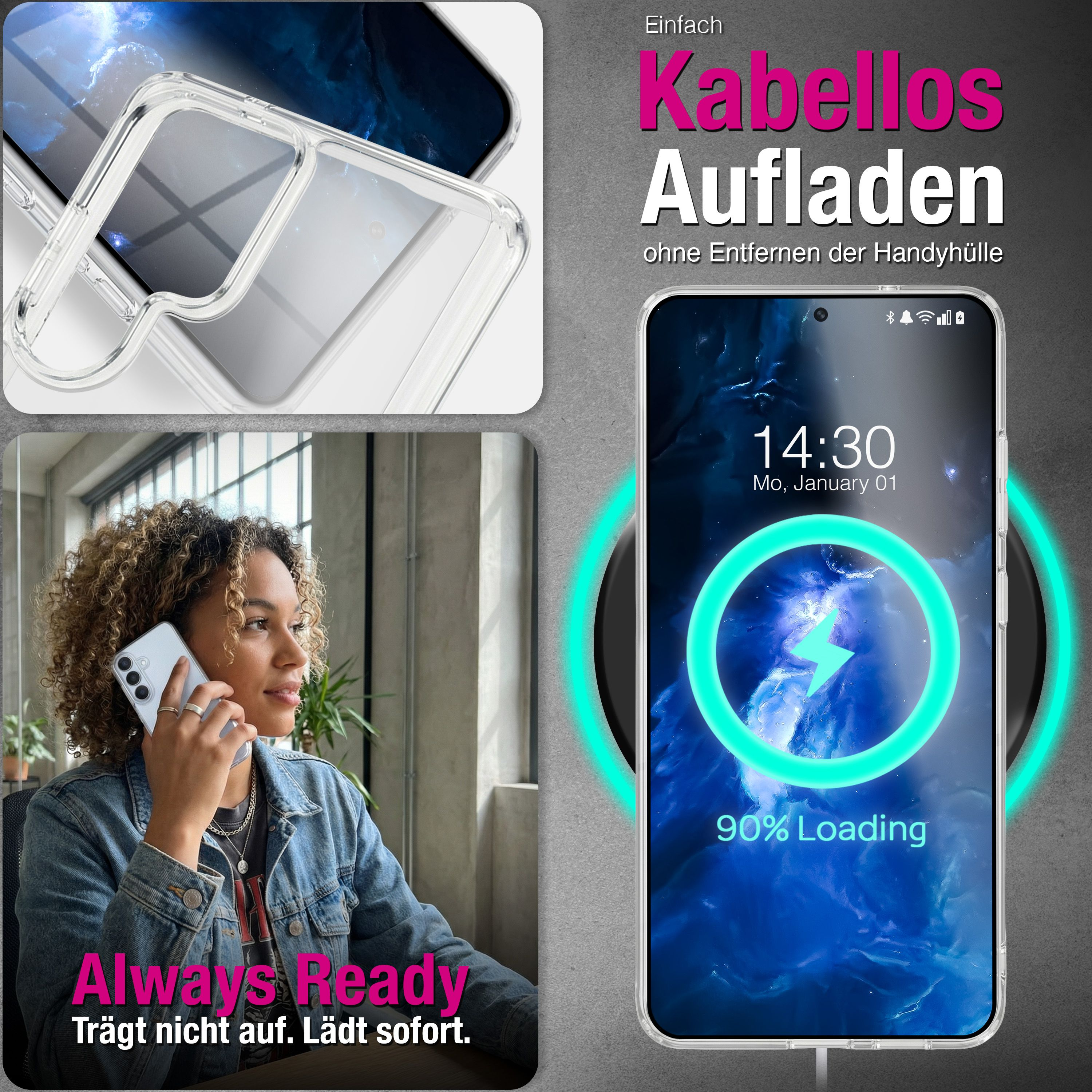 Smartphone wird kabellos geladen. Frau telefoniert.