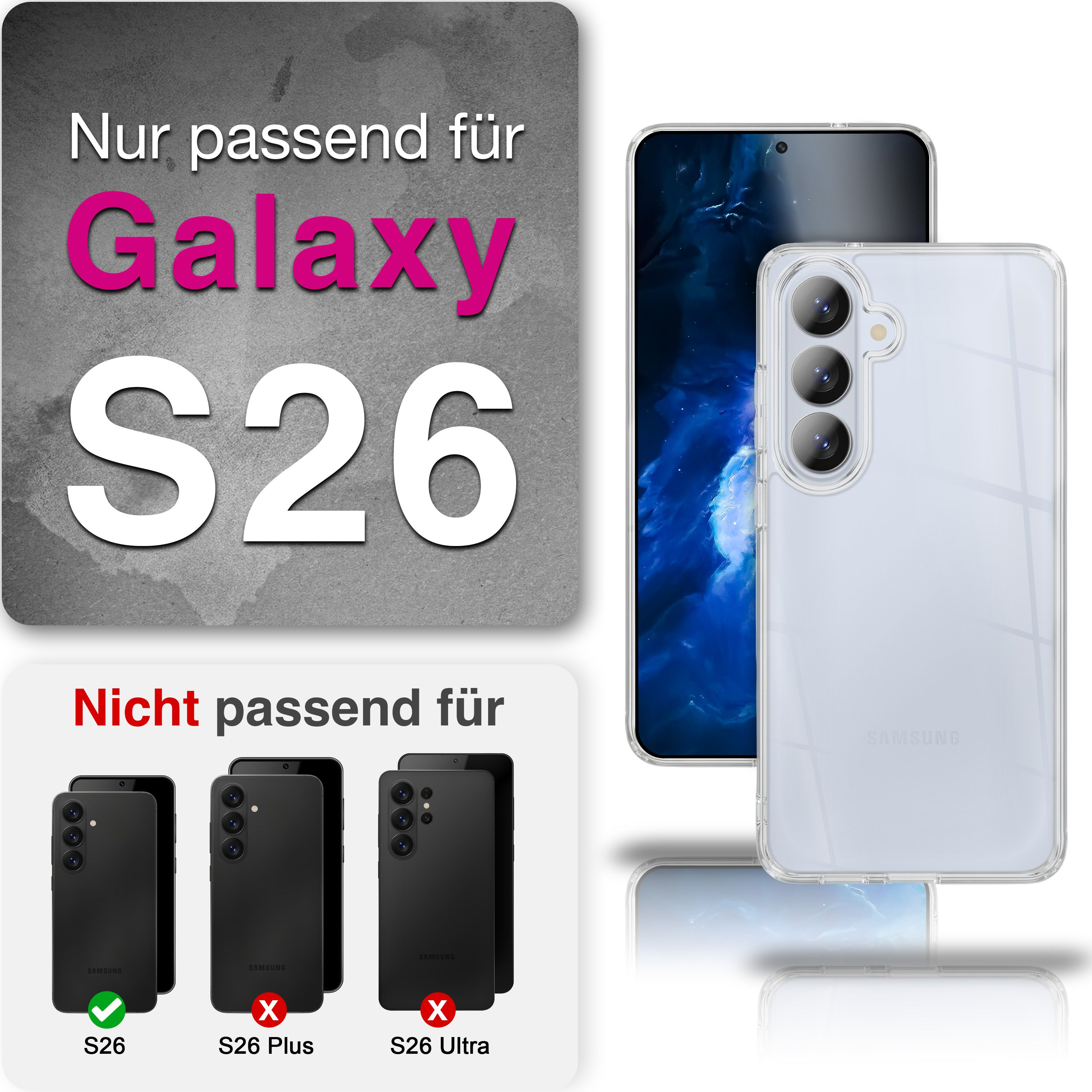 Nur für Galaxy S26: Klarhülle über Smartphone. Nicht für S26 Plus/Ultra.