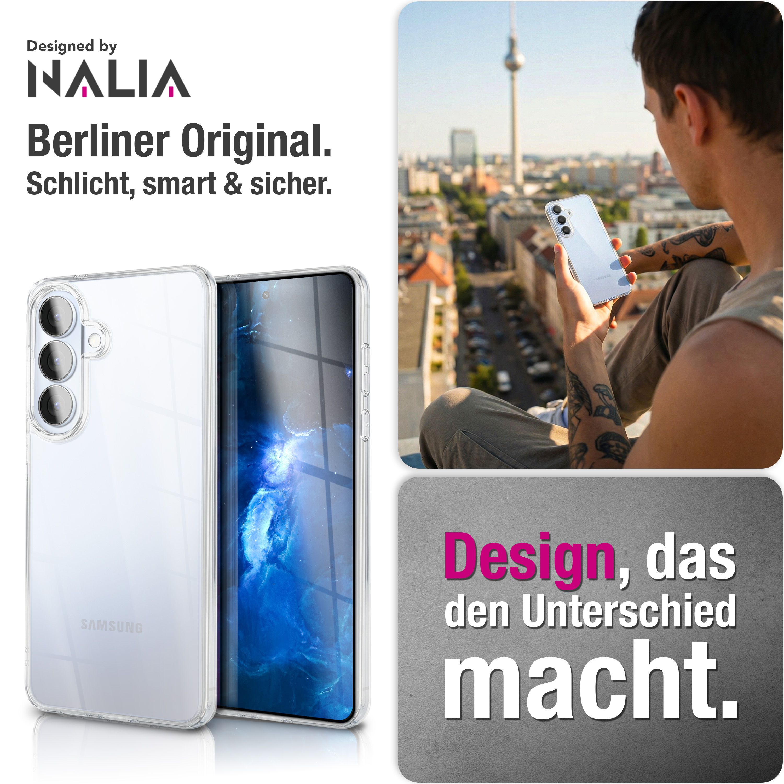 Klarhülle für Samsung Handy mit Blick auf Berlin und Mann mit Handy.