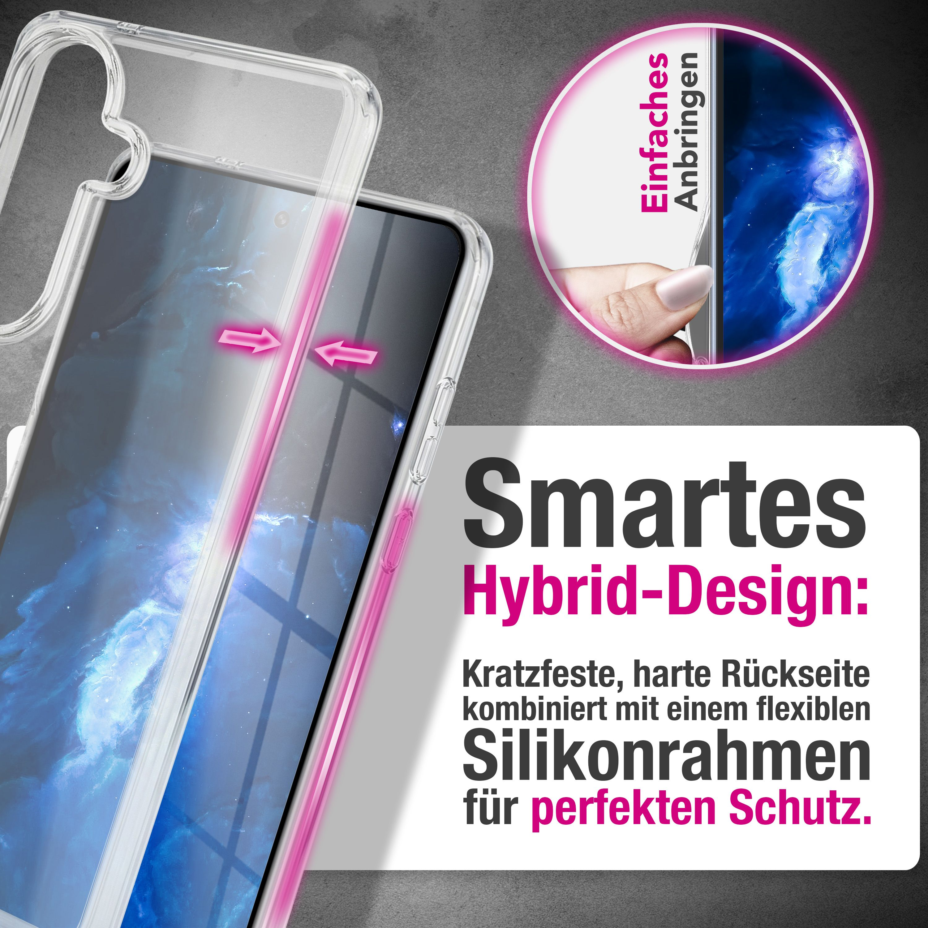 Klarer Handyhülle mit blauem Hintergrund und Text 'Smartes Hybrid-Design'.