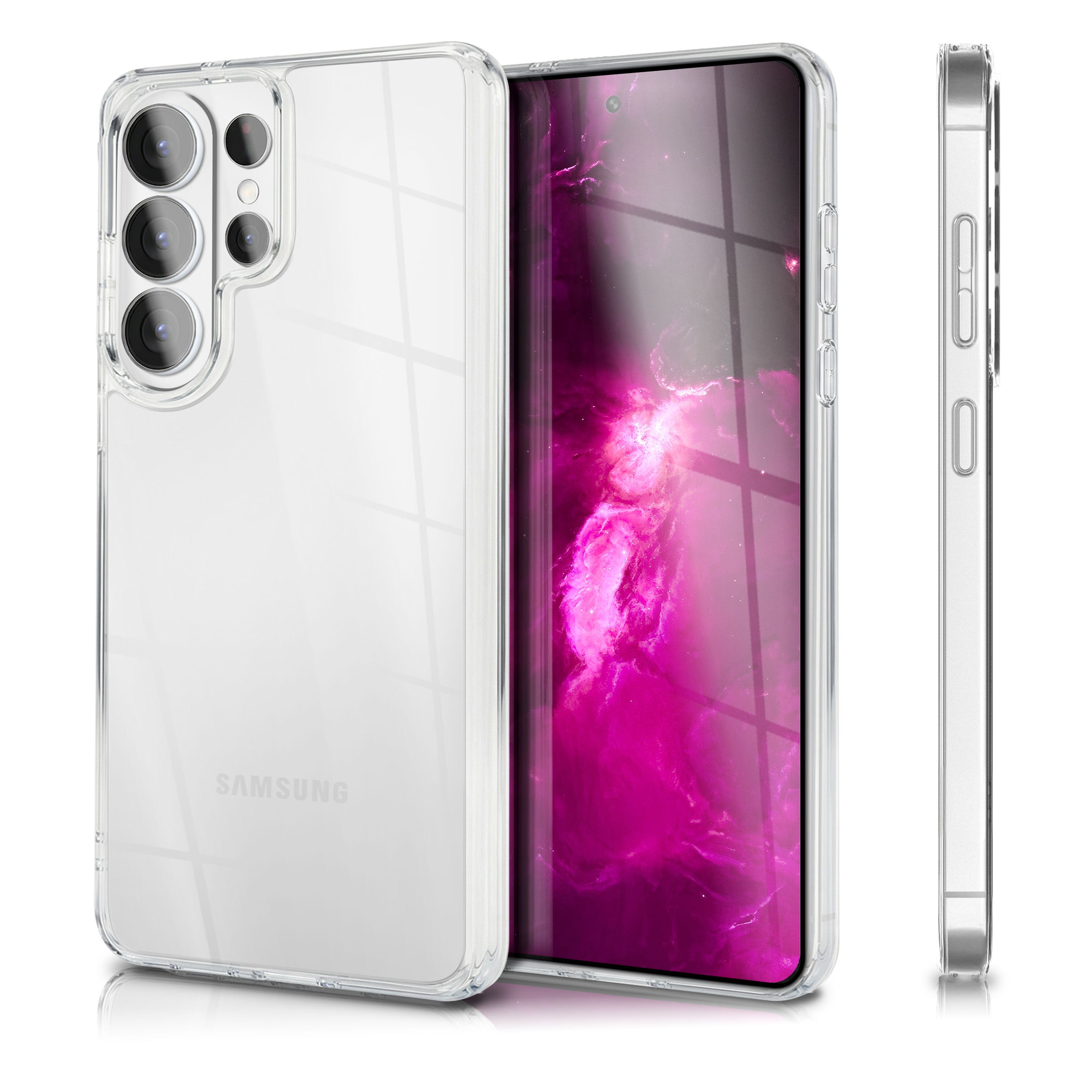 Funda transparente para teléfono con módulo de cámara y fondo de pantalla rosa.