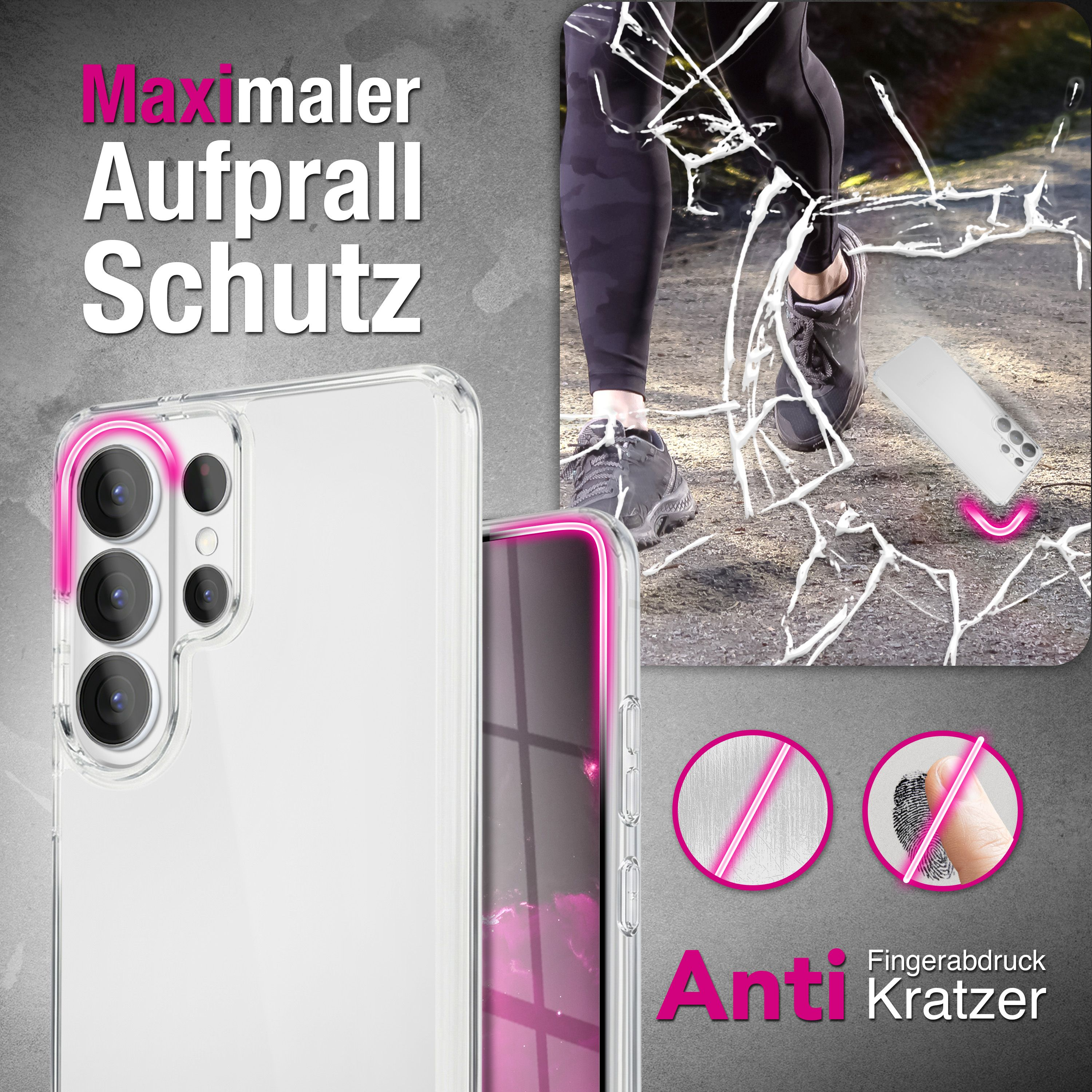 Funda transparente para móvil con iconos y texto de protección.