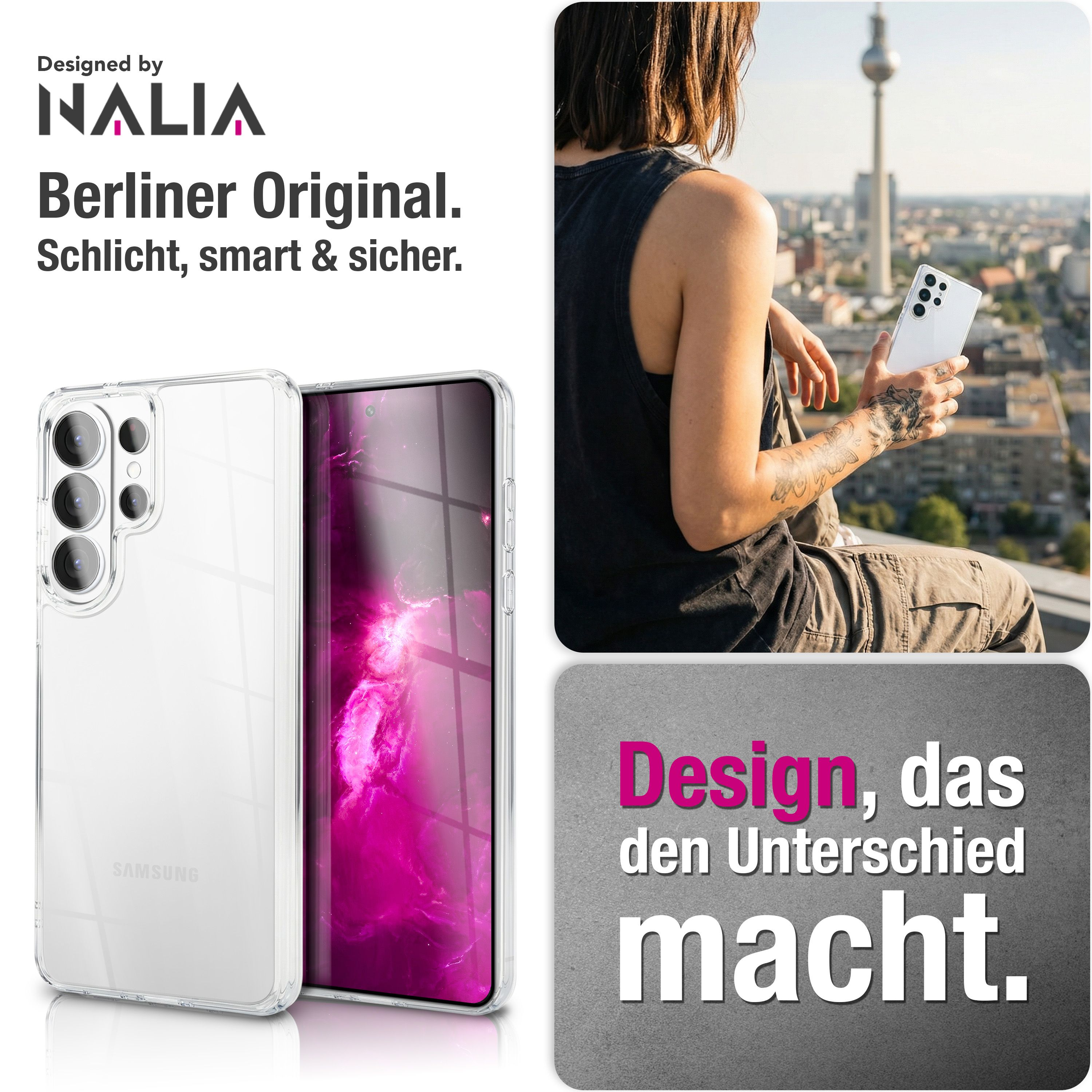 Funda de teléfono transparente con logo Samsung y horizonte de Berlín.