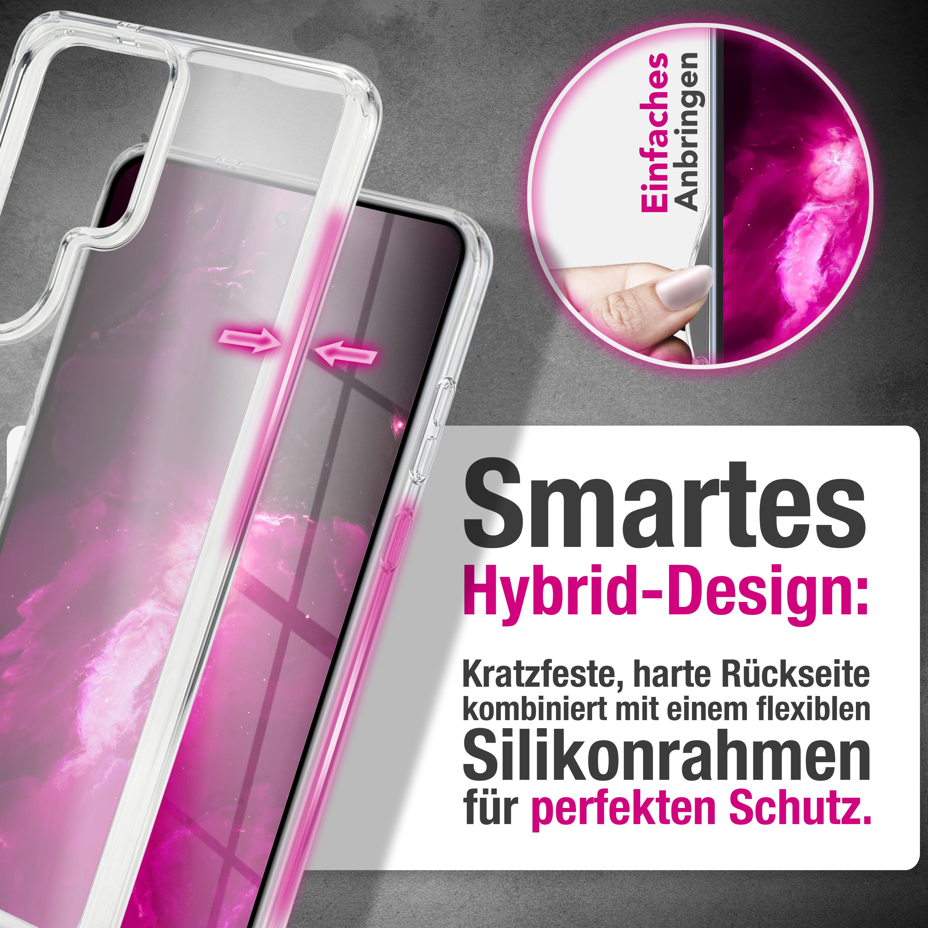 Funda transparente para teléfono con patrón de mármol rosa y texto.