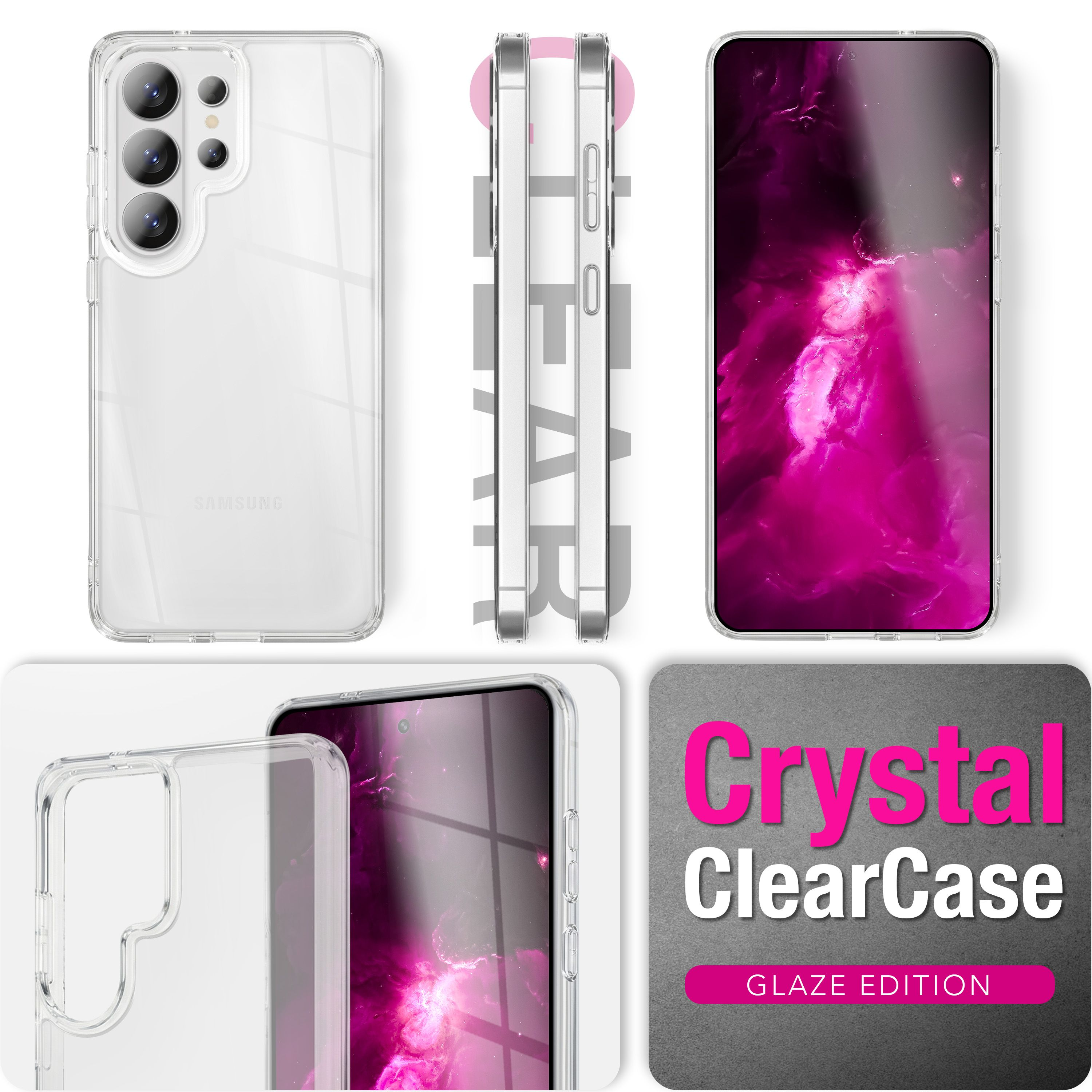 Funda transparente para móvil con fondo de estrellas y texto 'Crystal ClearCase'.