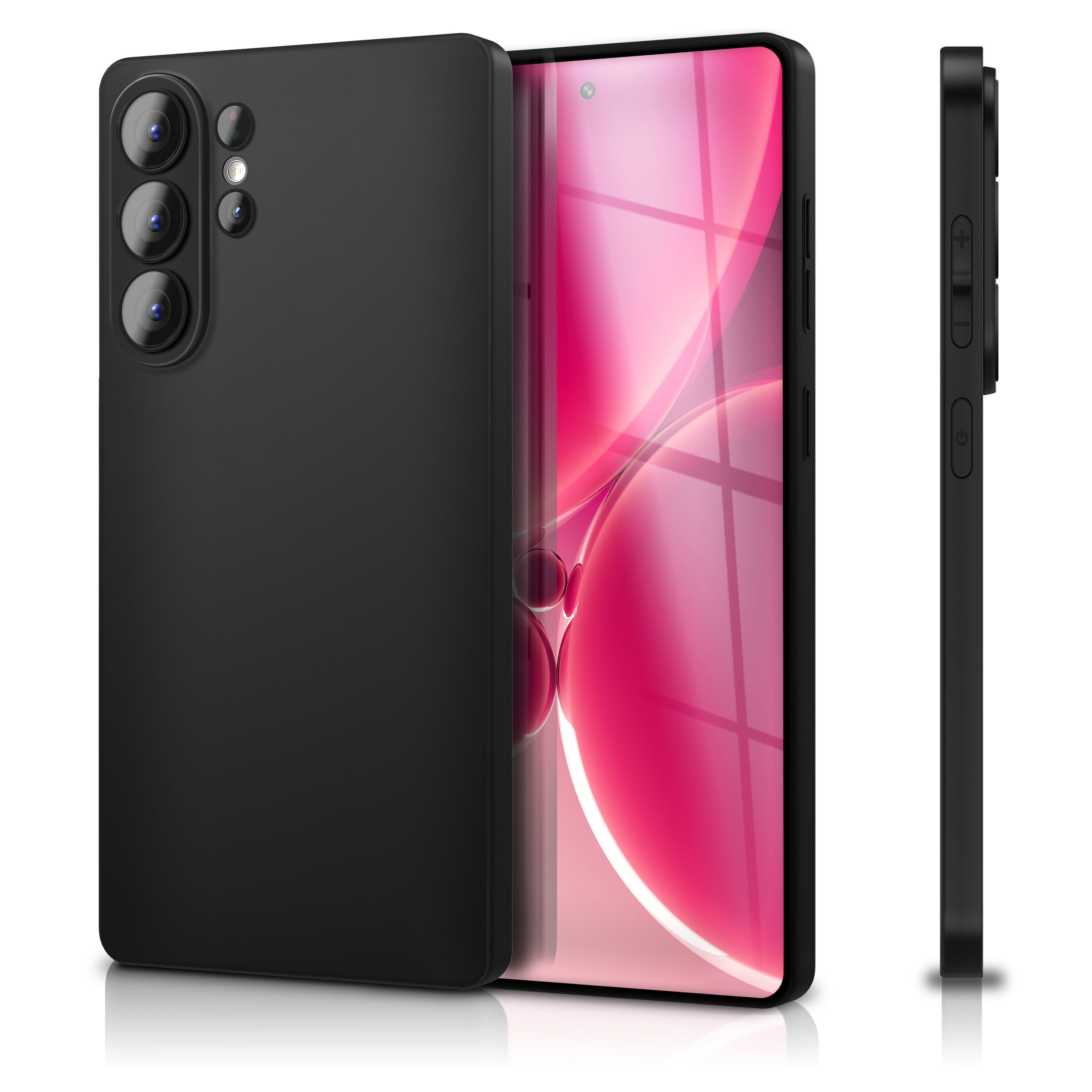 Schwarzes Handy mit Kameras auf der Rückseite und rosa/rotem Bildschirm.