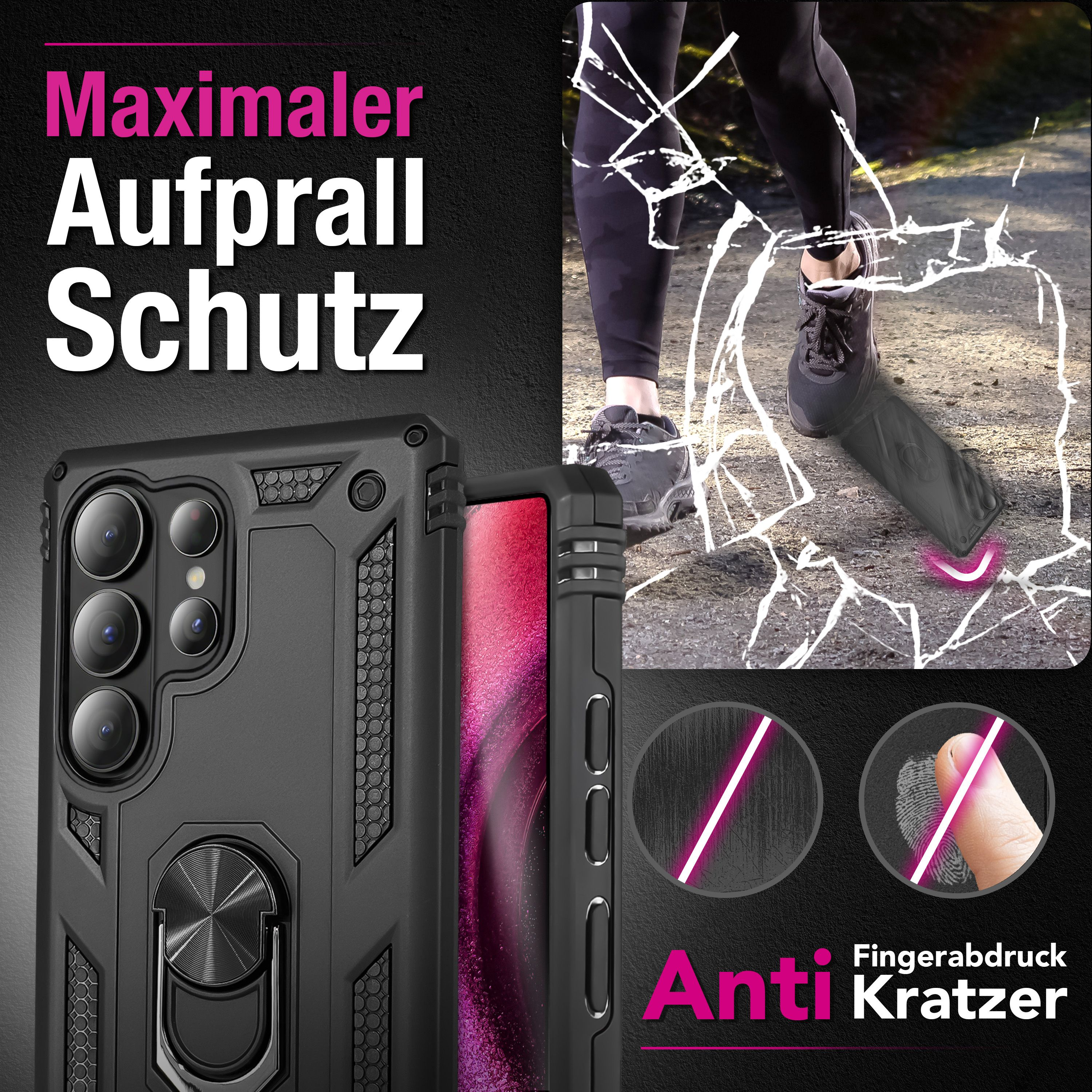 Schwarze Handyhülle mit Ringhalter. Läufer im Freien mit zersplittertem Glas-Effekt.