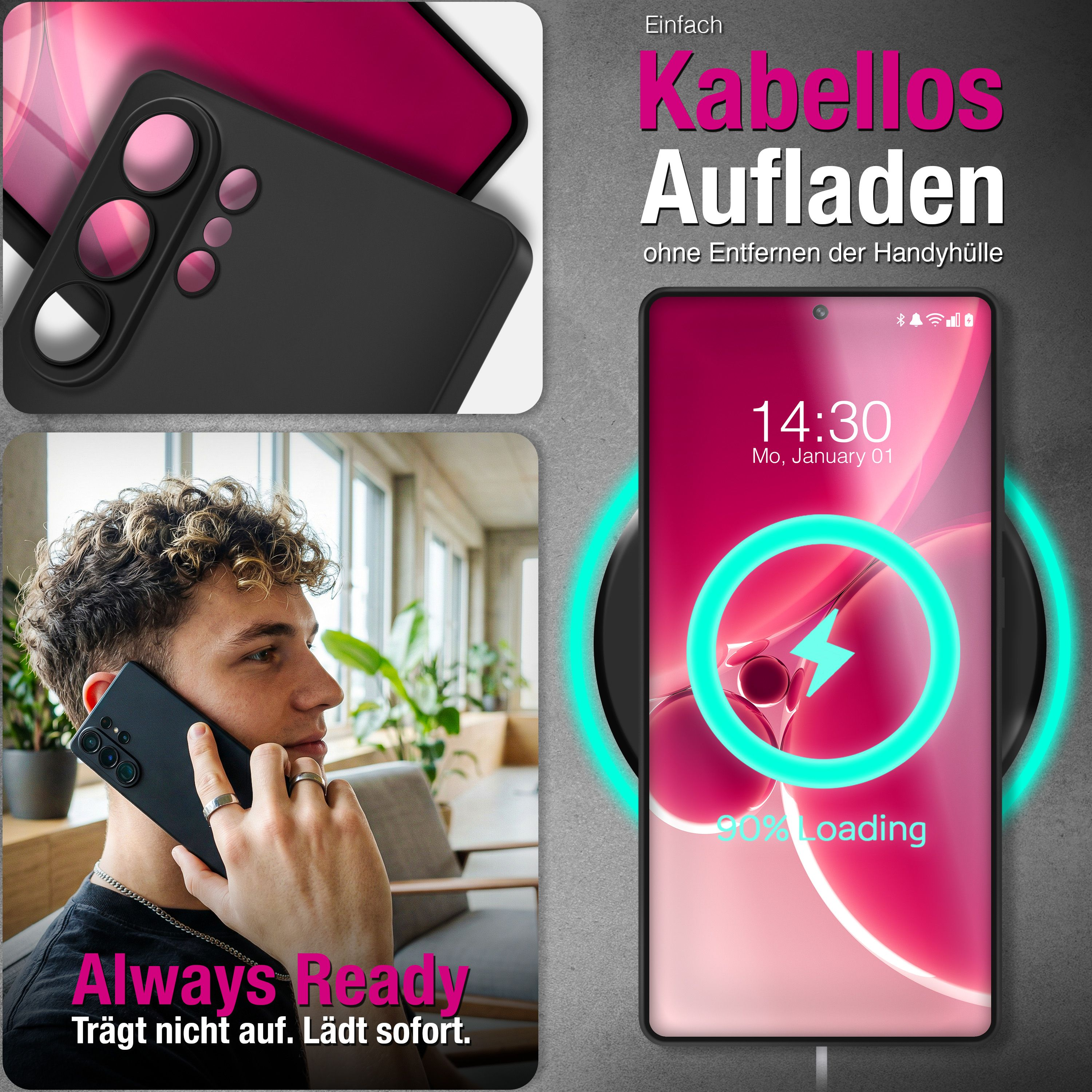 Ein Mann telefoniert, ein Handy lädt kabellos. Handyhülle im Fokus.