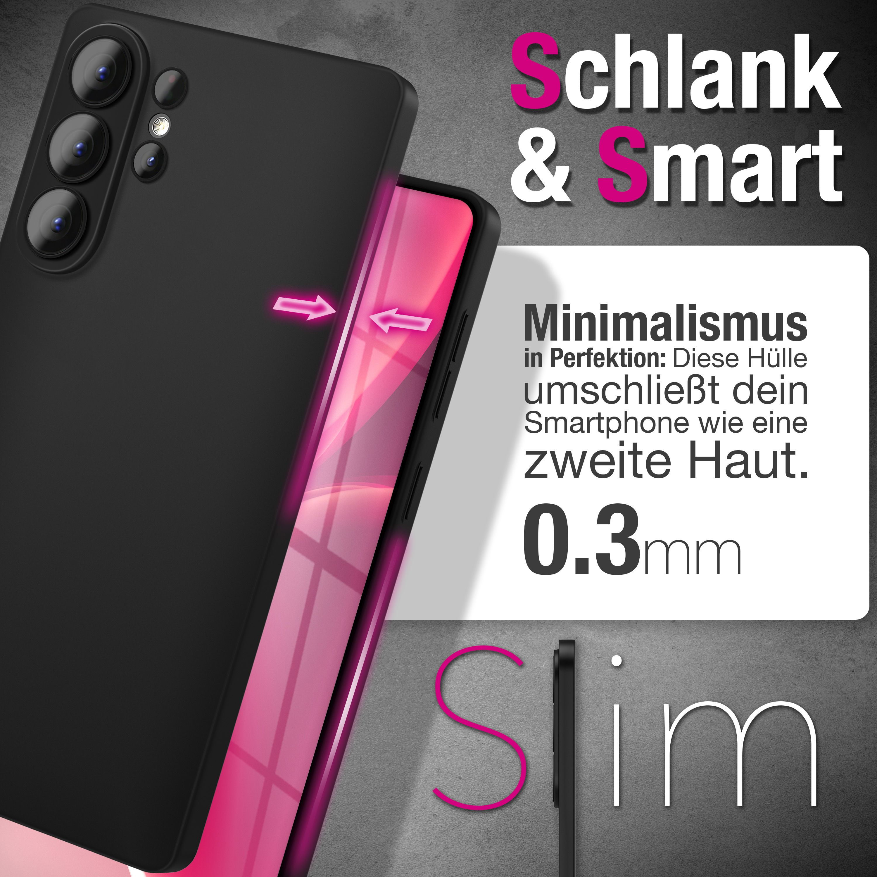 Schwarze Handyhülle mit Text über Minimalismus und 0,3mm Dicke.