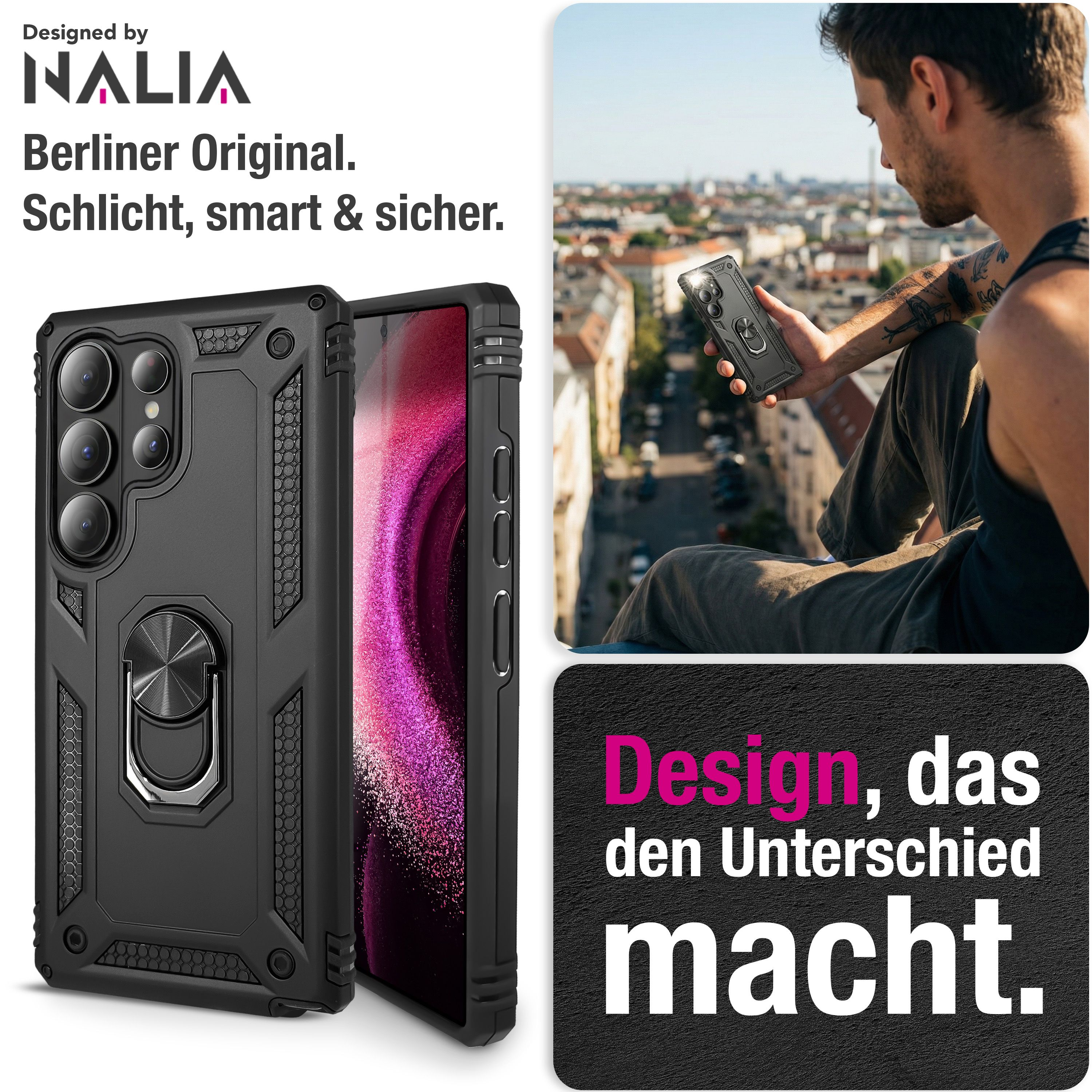 Schwarze Hülle mit Ringhalterung für ein Smartphone, gehalten von einem Mann.