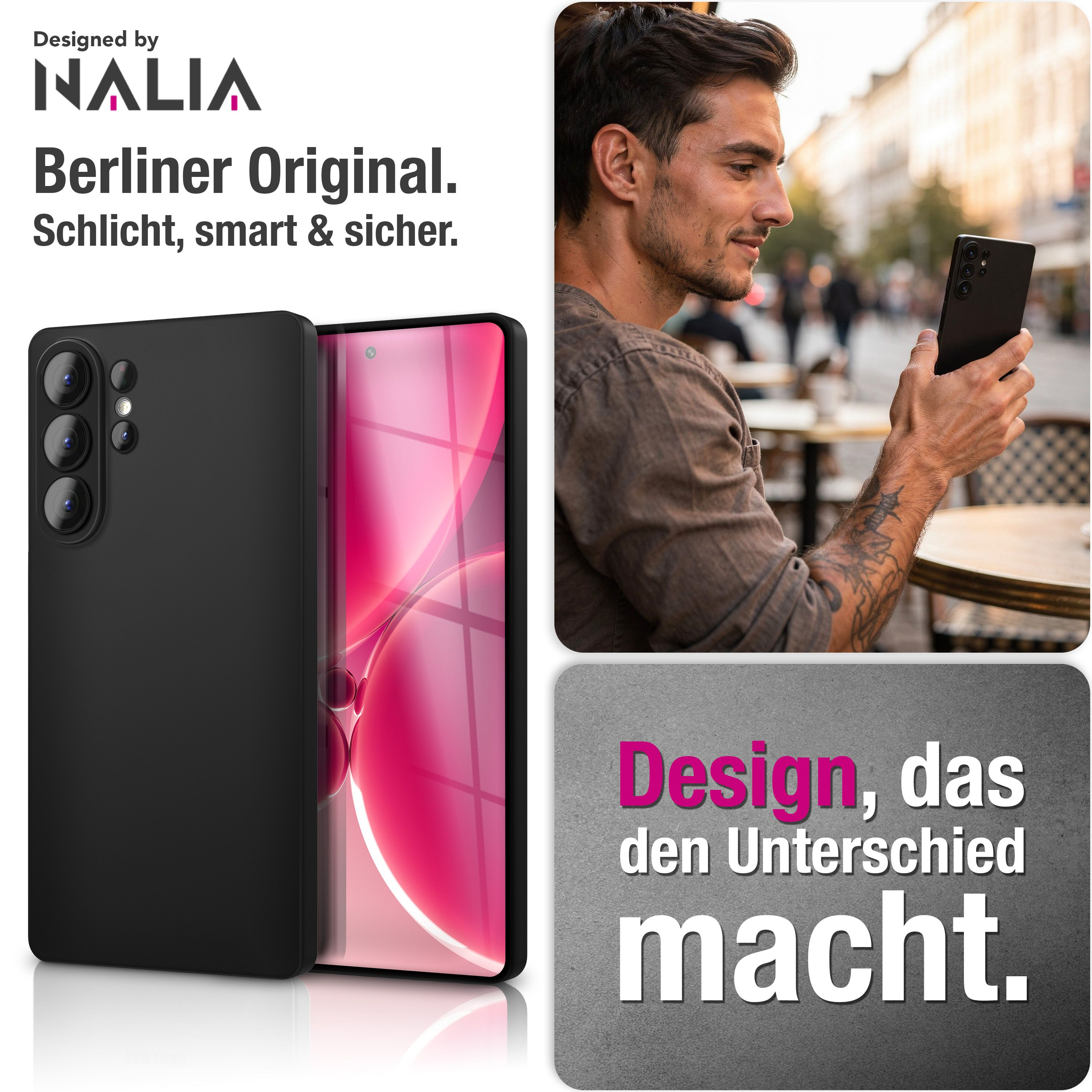 Ein Mann hält ein schwarzes Smartphone, Nalia-Logo und deutscher Text.