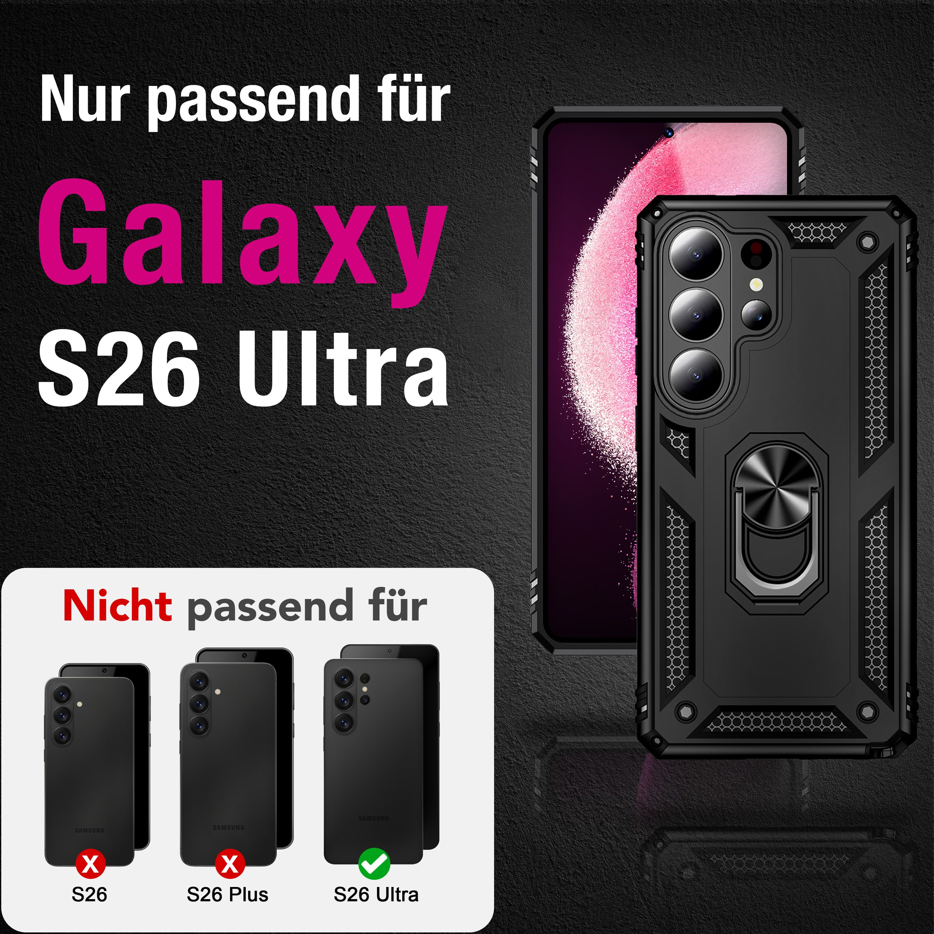 Schwarze Hülle für Galaxy S26 Ultra, nicht für S26/S26 Plus.