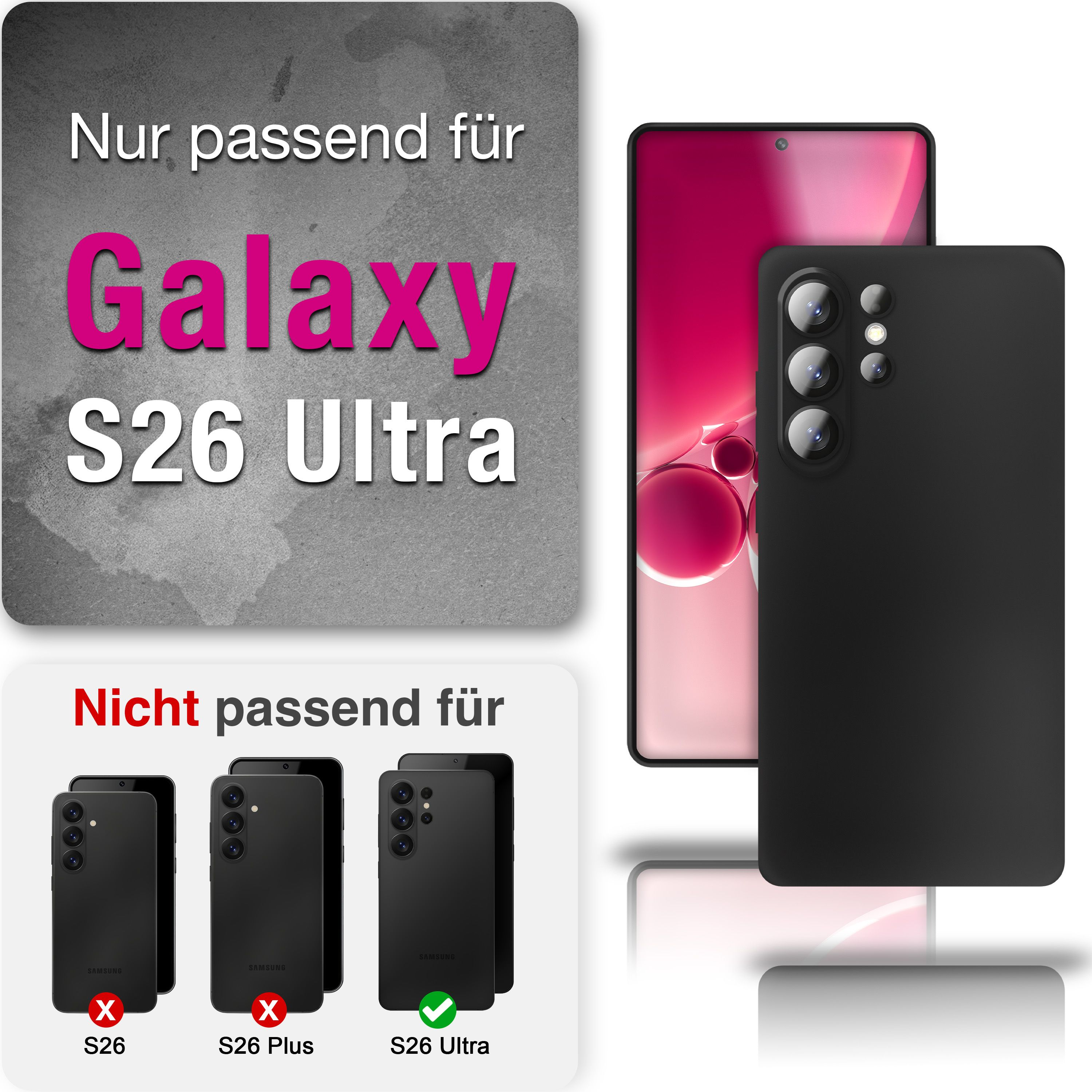 Schwarzes Handycover passt für Galaxy S26 Ultra.