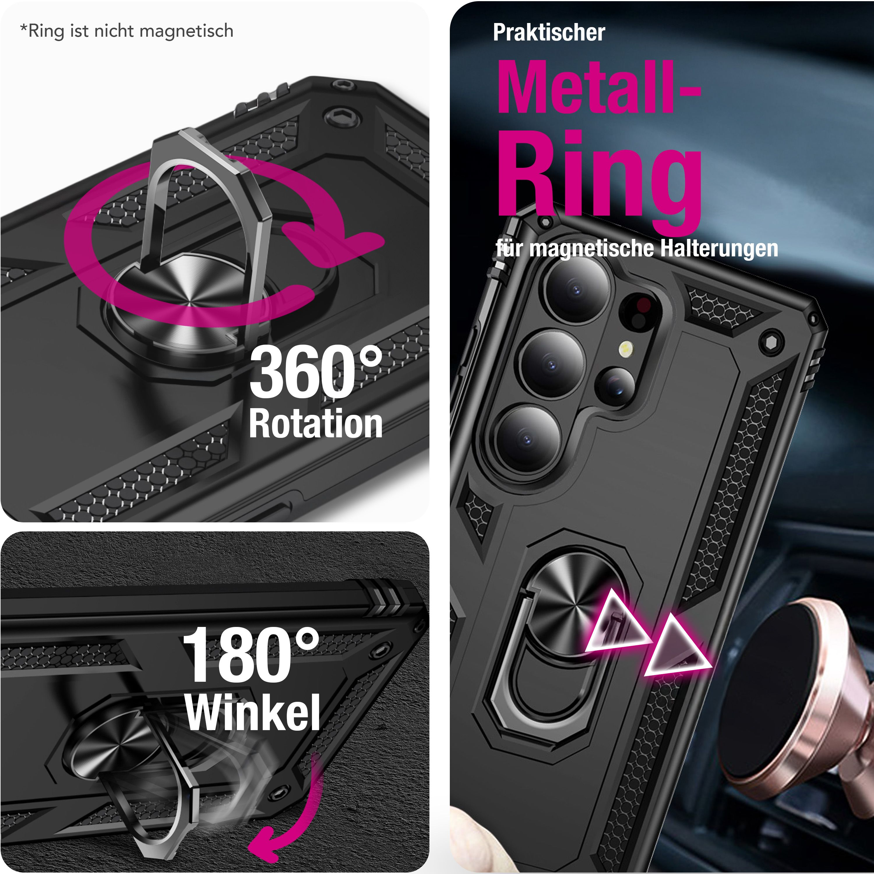 Schwarze Handyhülle mit Metallring für 360 Grad Rotation und 180 Grad Winkel.