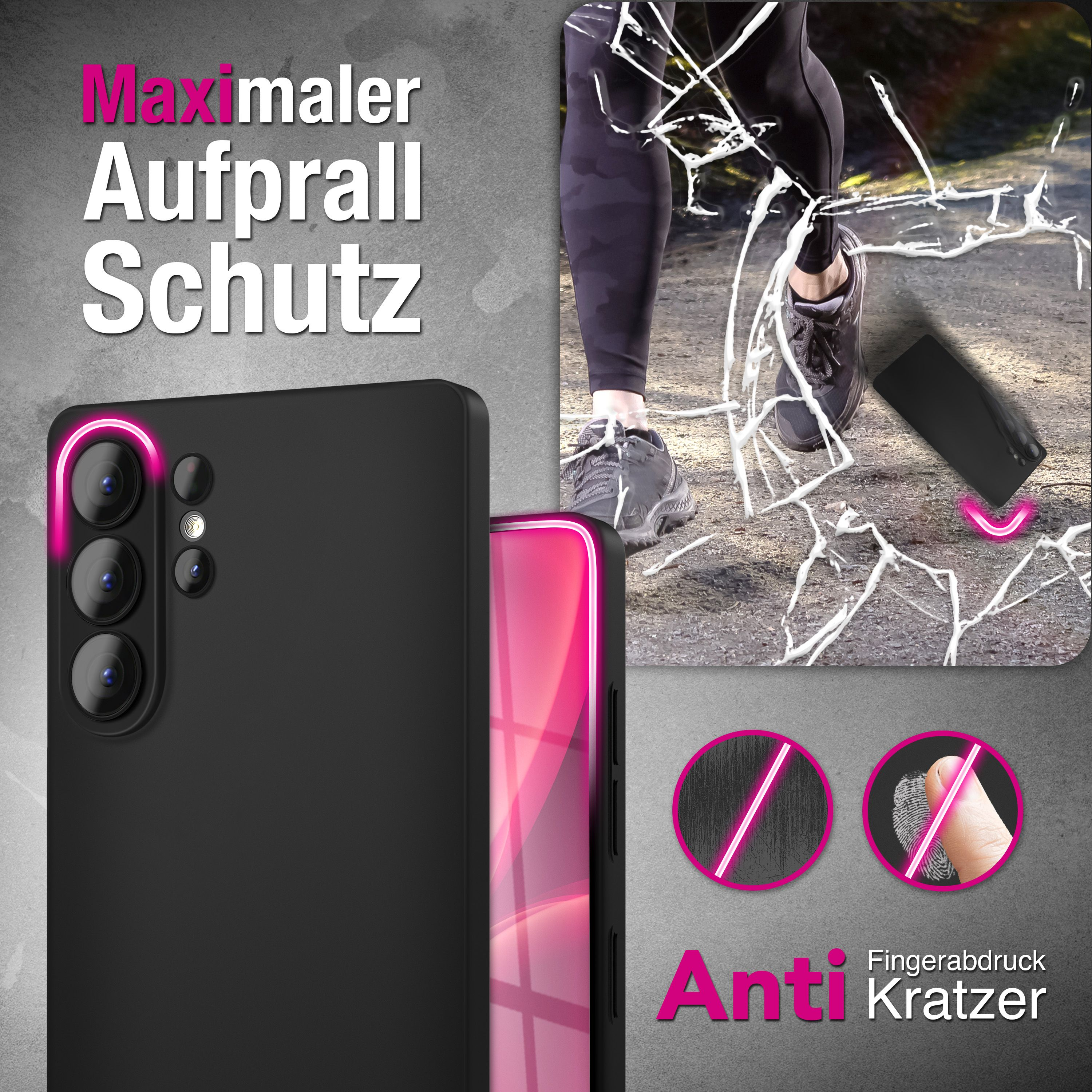 Schwarzes Handy mit pinkem Rand, zerbrochenes Glas, Beine in Leggings und ein Handy.