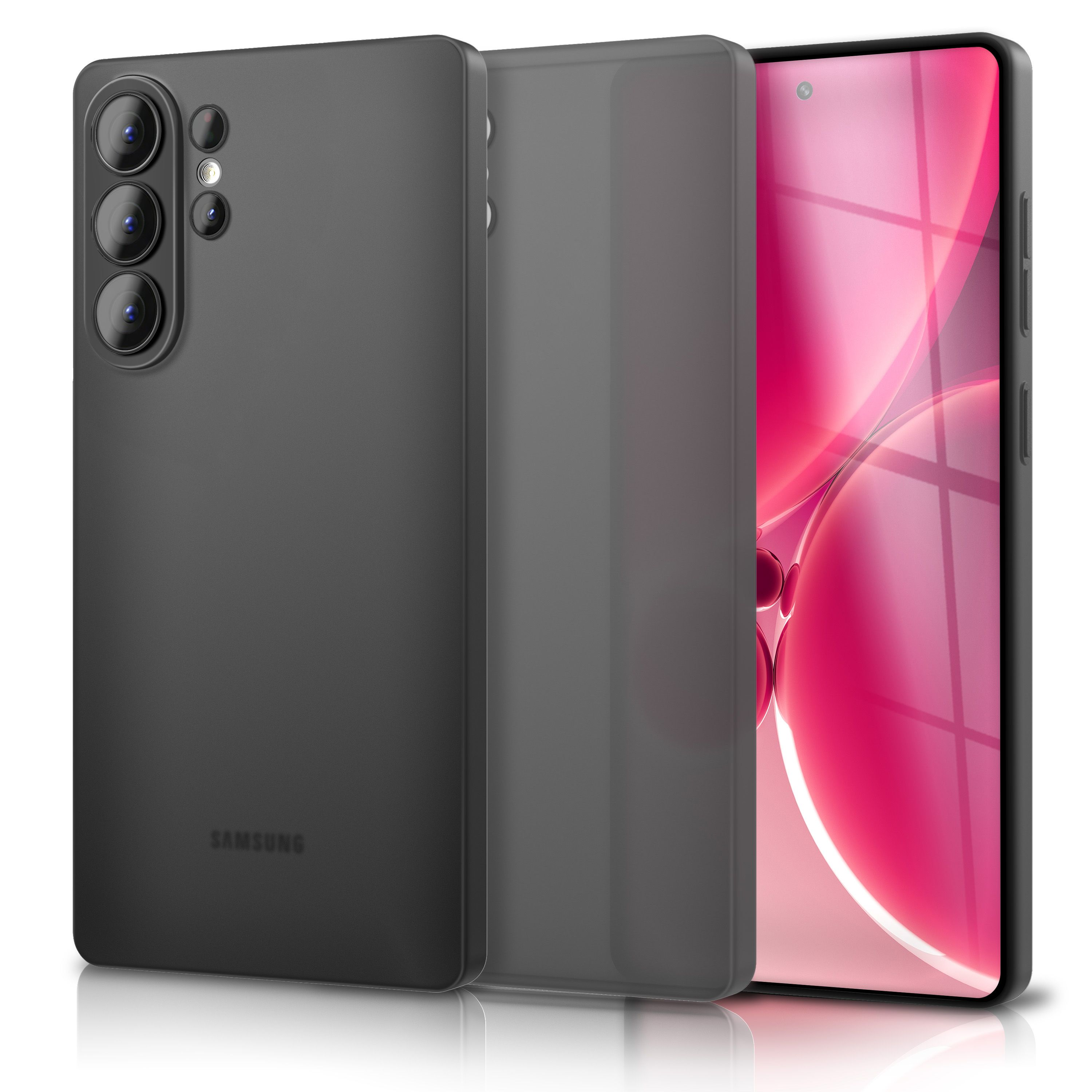 Ein dunkles Smartphone mit drei Kameras auf der Rückseite und einem rosa Hintergrund.