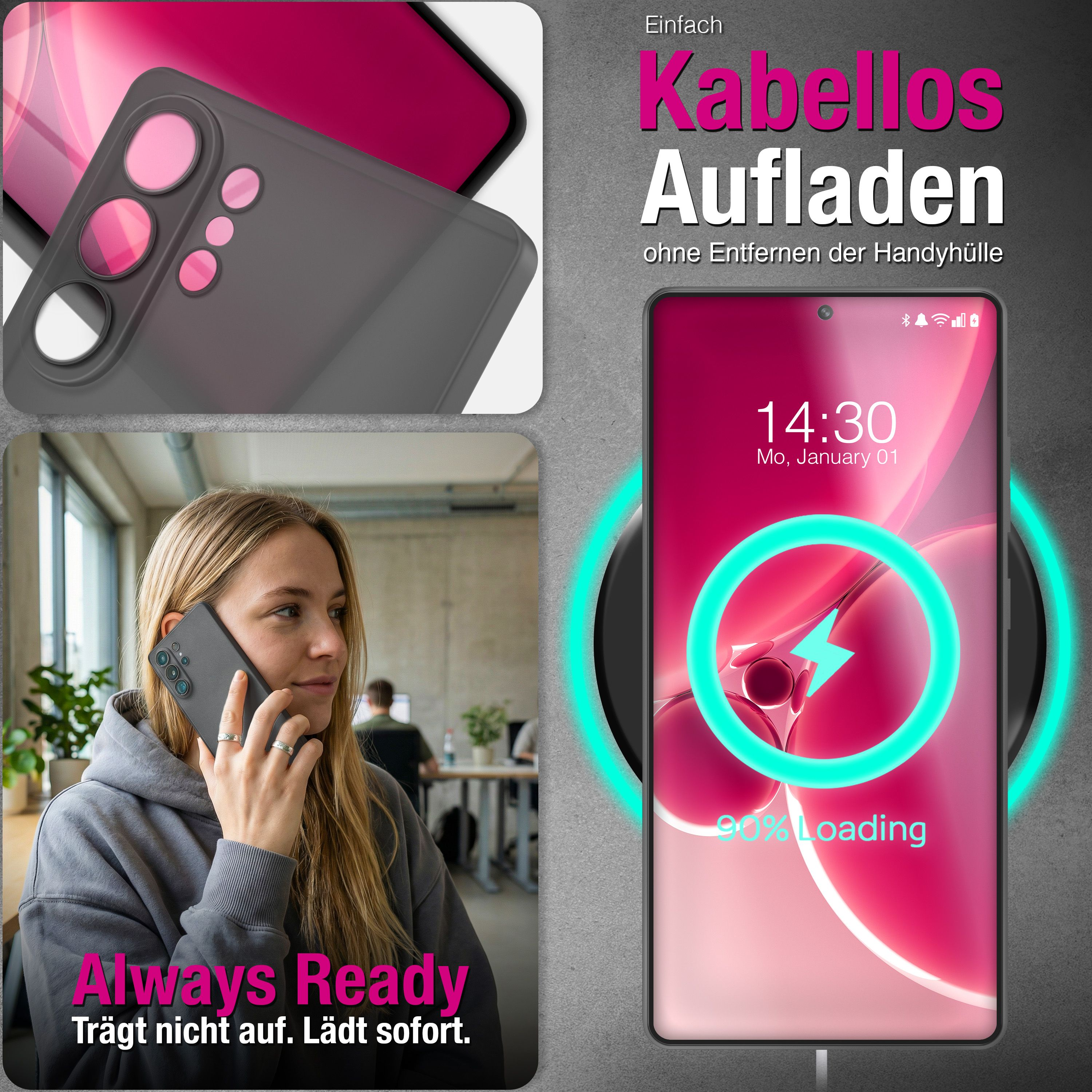 Eine Frau telefoniert, während ein Handy kabellos geladen wird.