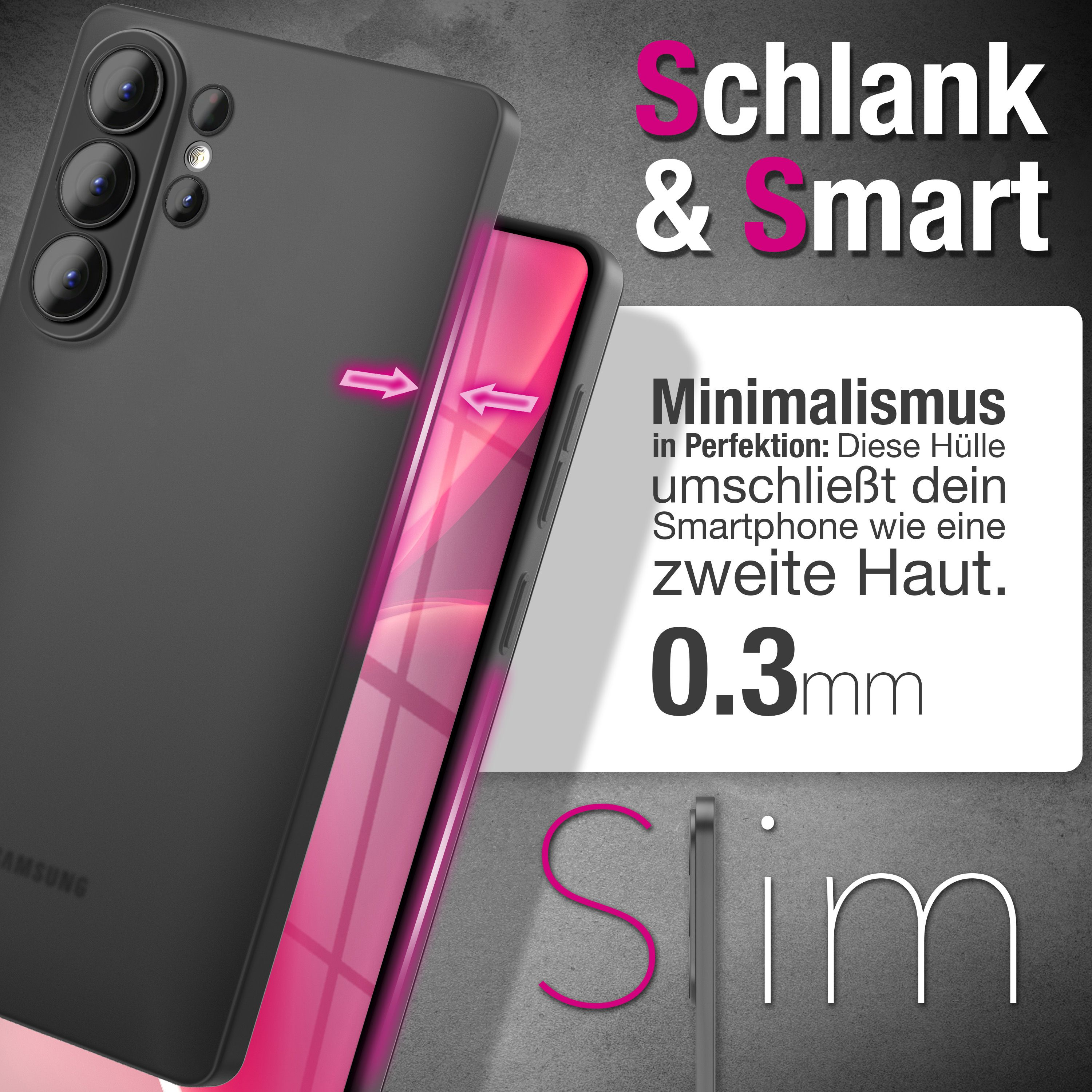Schlanke schwarze Handyhülle mit pinken Akzenten und Text.