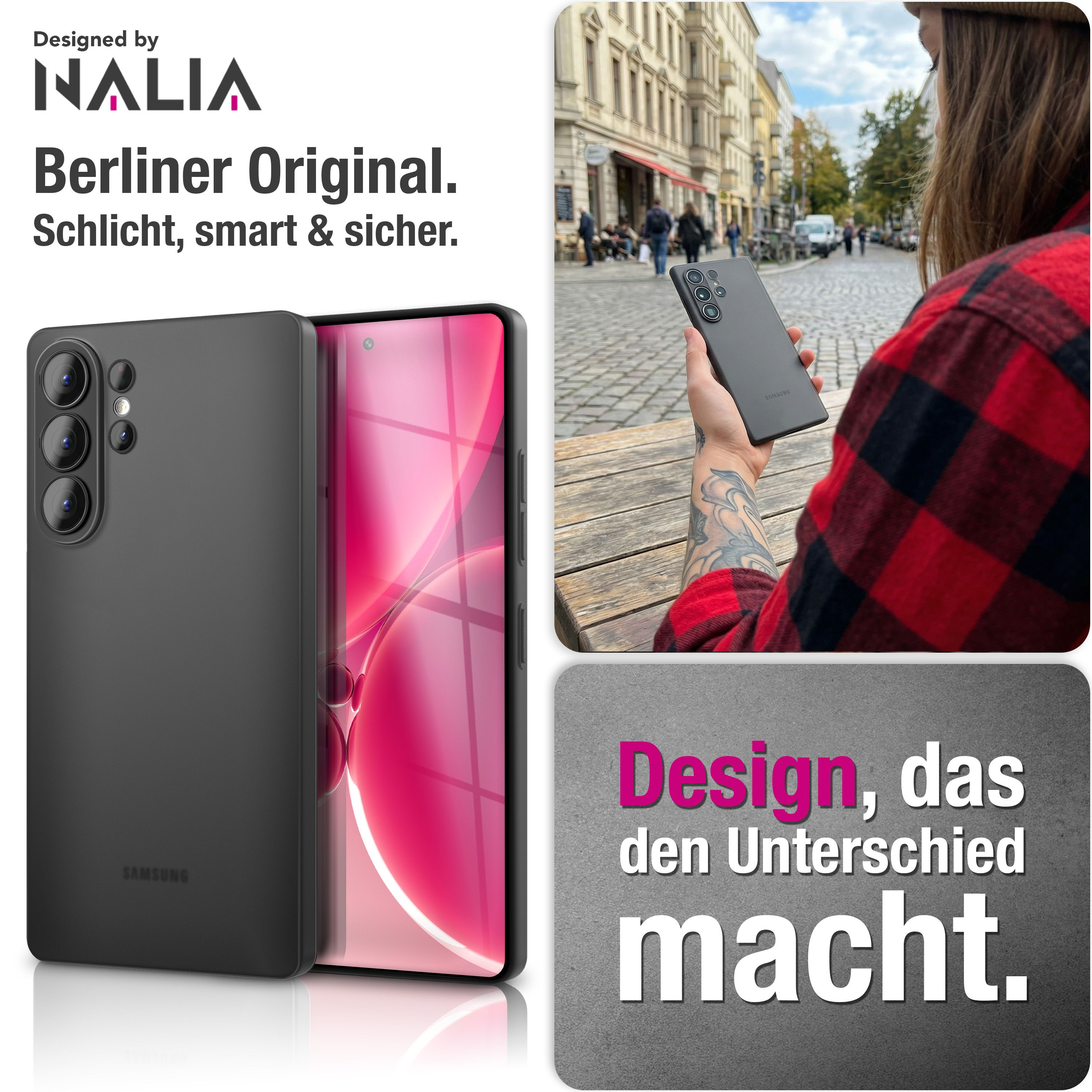 Ein schwarzes Handy wird gezeigt, daneben eine Straßenszene. Text: 'Design, das den Unterschied macht.'