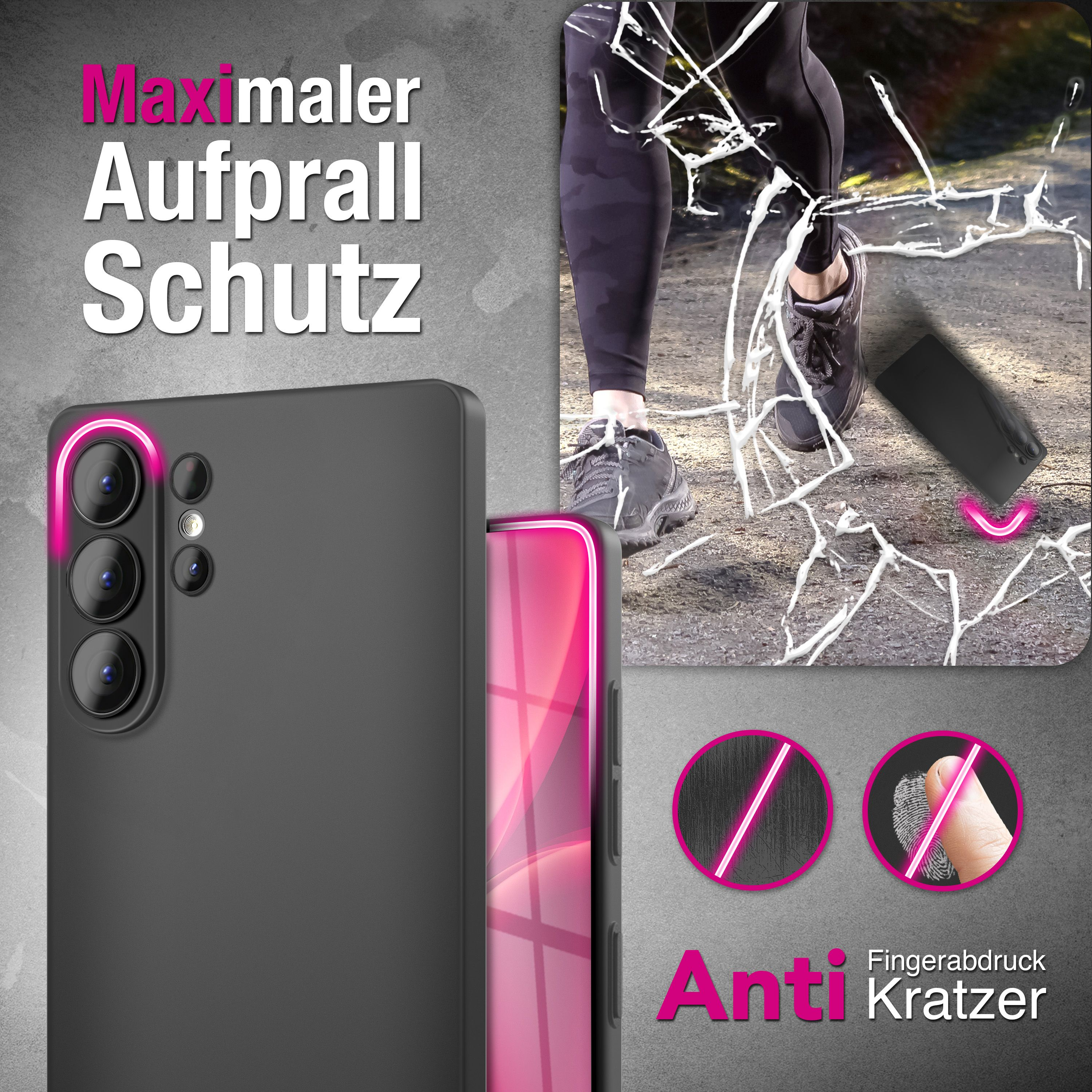 Schwarzes Handy mit Kamera und rosafarbenem Rand, neben zerbrochenem Glas.