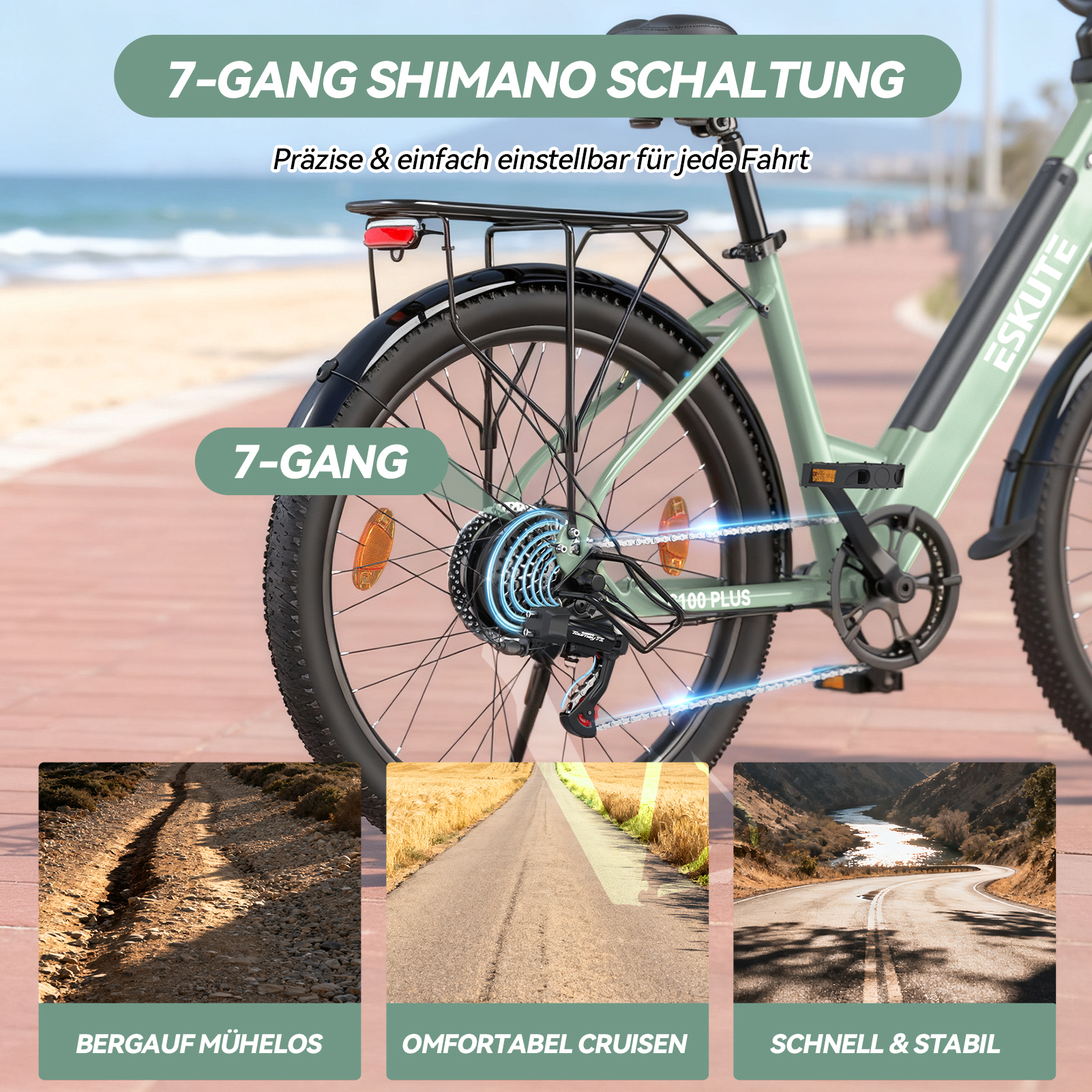 Grünes E-Bike mit 7-Gang Shimano Schaltung, am Strand mit drei Landschaftsbildern.