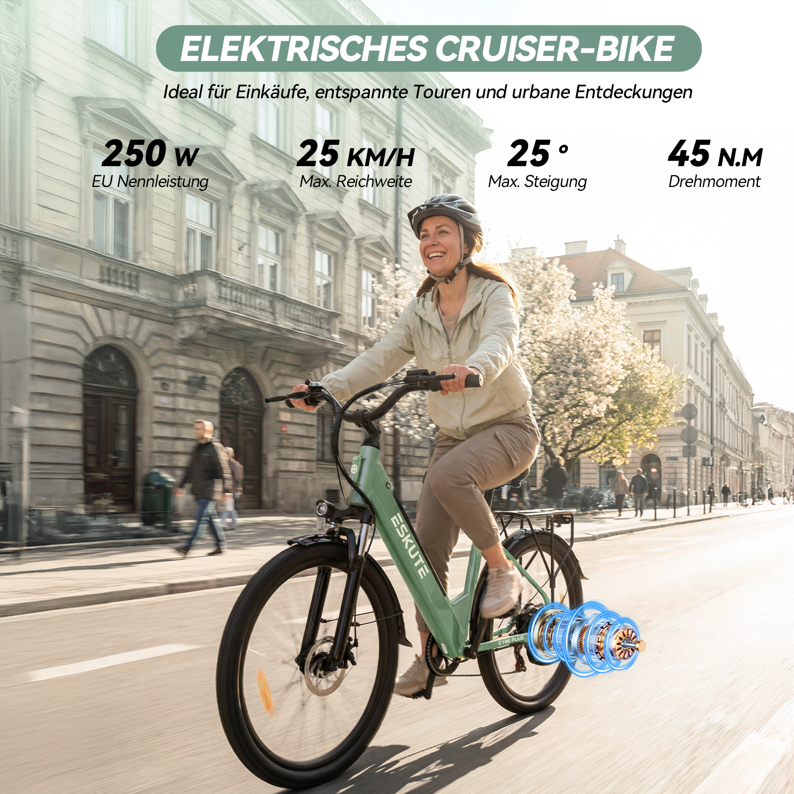Frau fährt ein grünes E-Bike auf einer Stadtstraße, mit technischen Daten.