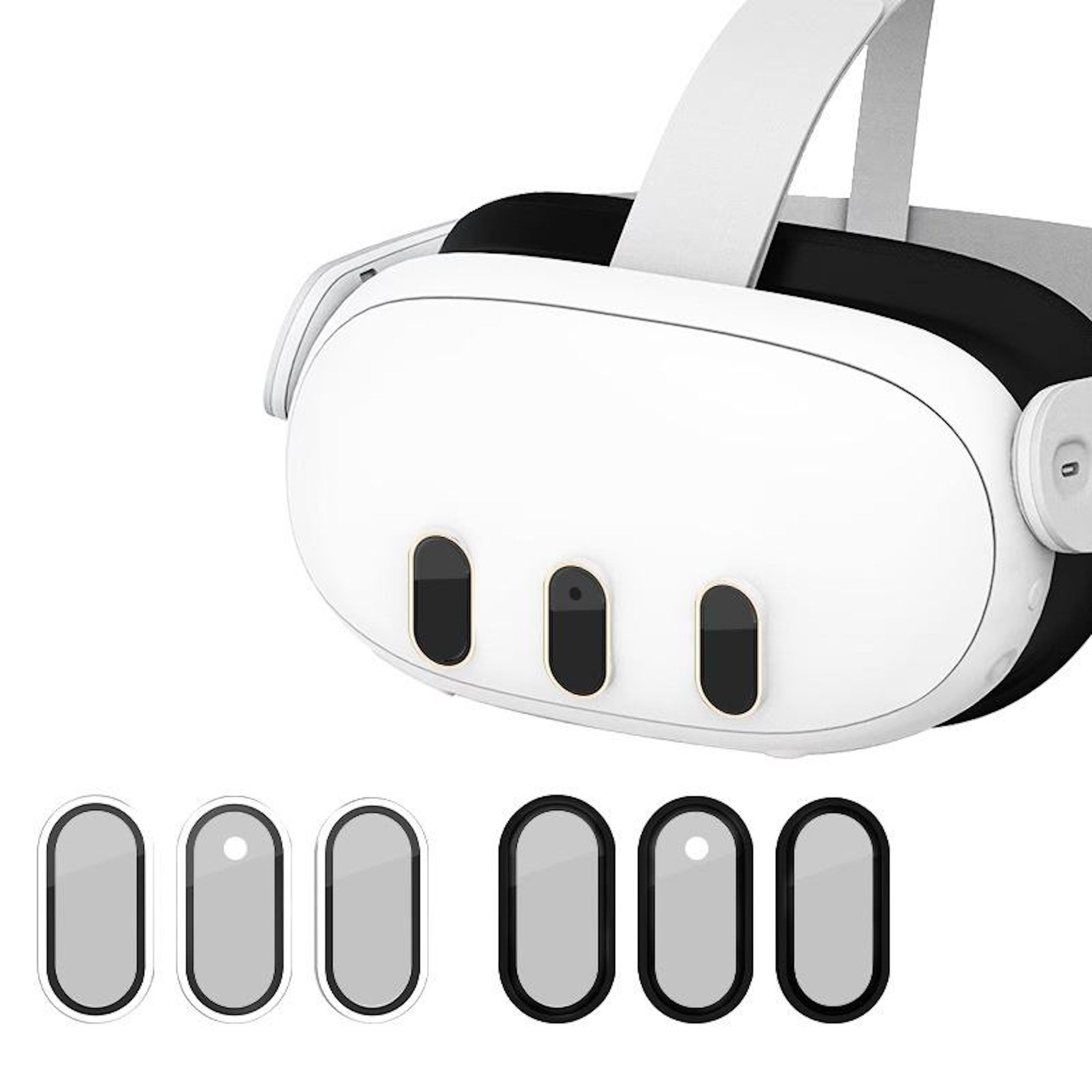Weiße VR-Brille mit drei schwarzen Linsen und sechs Schutzgläsern daneben.