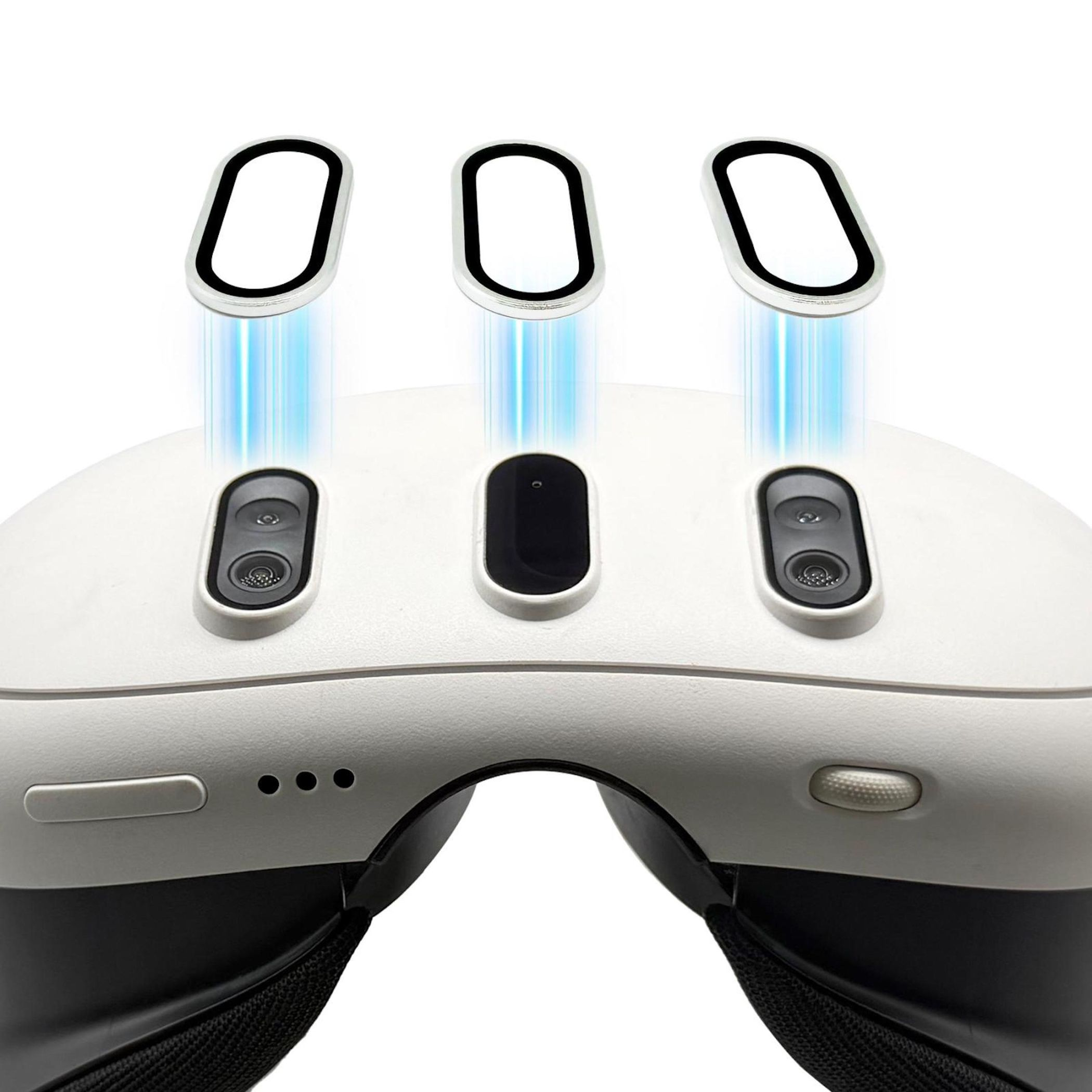 Weiße VR-Brille mit drei Kameras und blauen Lichtstrahlen.