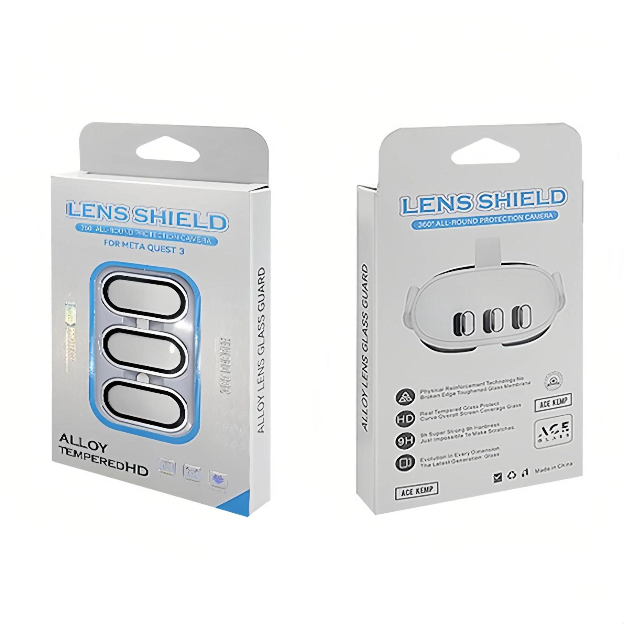 Zwei Verpackungen für Linsenabdeckungen, eine zeigt drei Linsen, die andere eine Brille.
