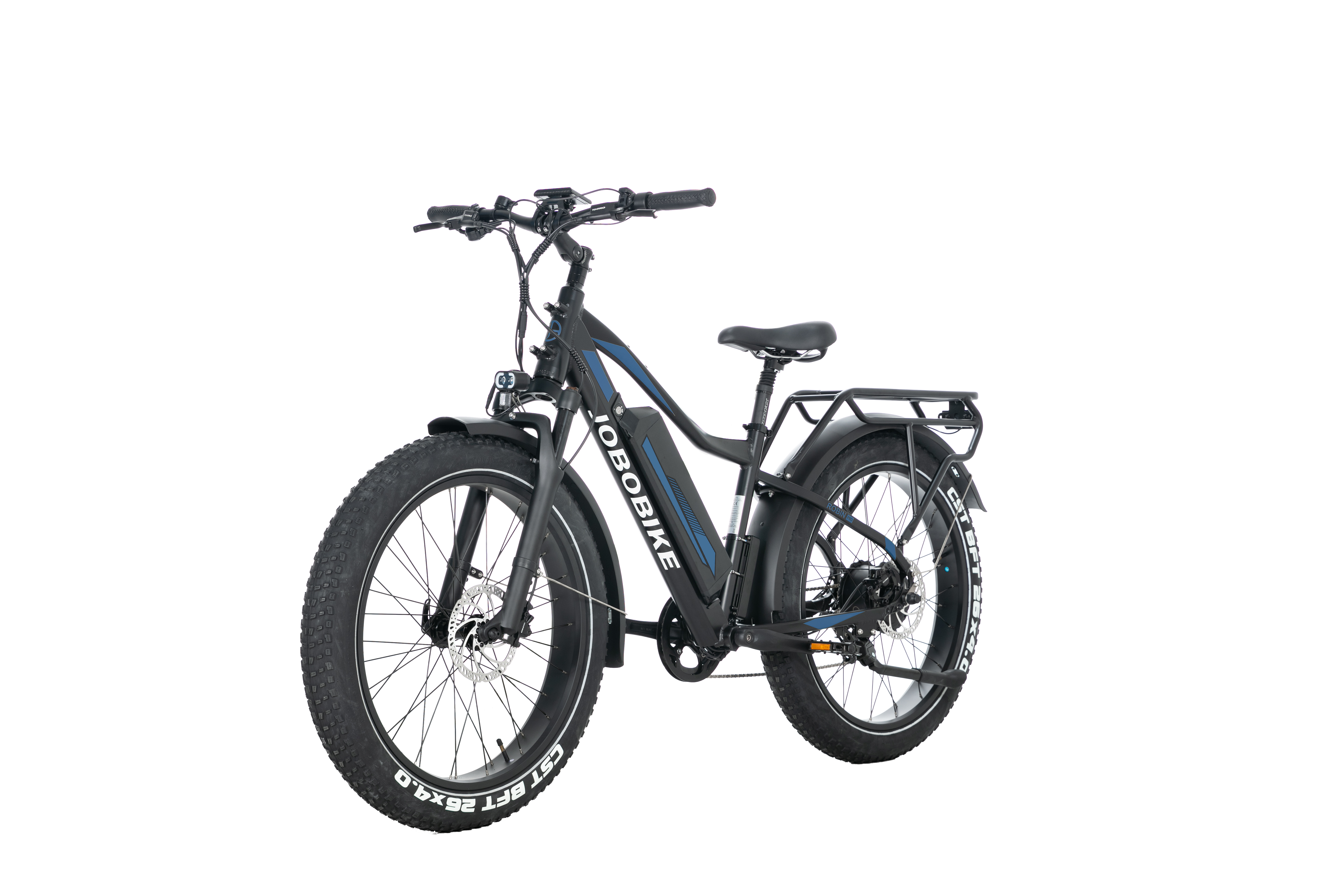 Schwarzes E-Fatbike mit breiten Reifen, Gepäckträger und blauem Streifen auf dem Rahmen.
