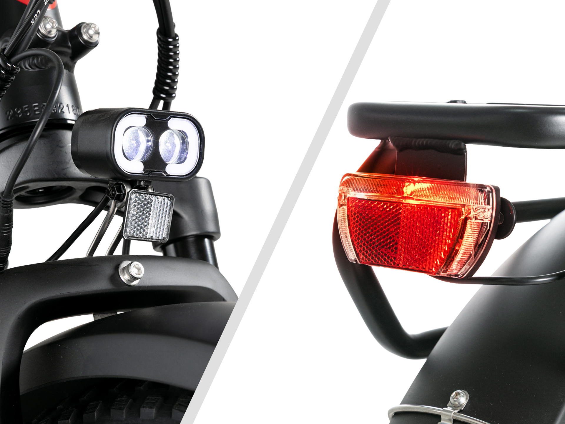 Vorder- und Rücklicht eines schwarzen Fahrrads auf weißem Hintergrund.