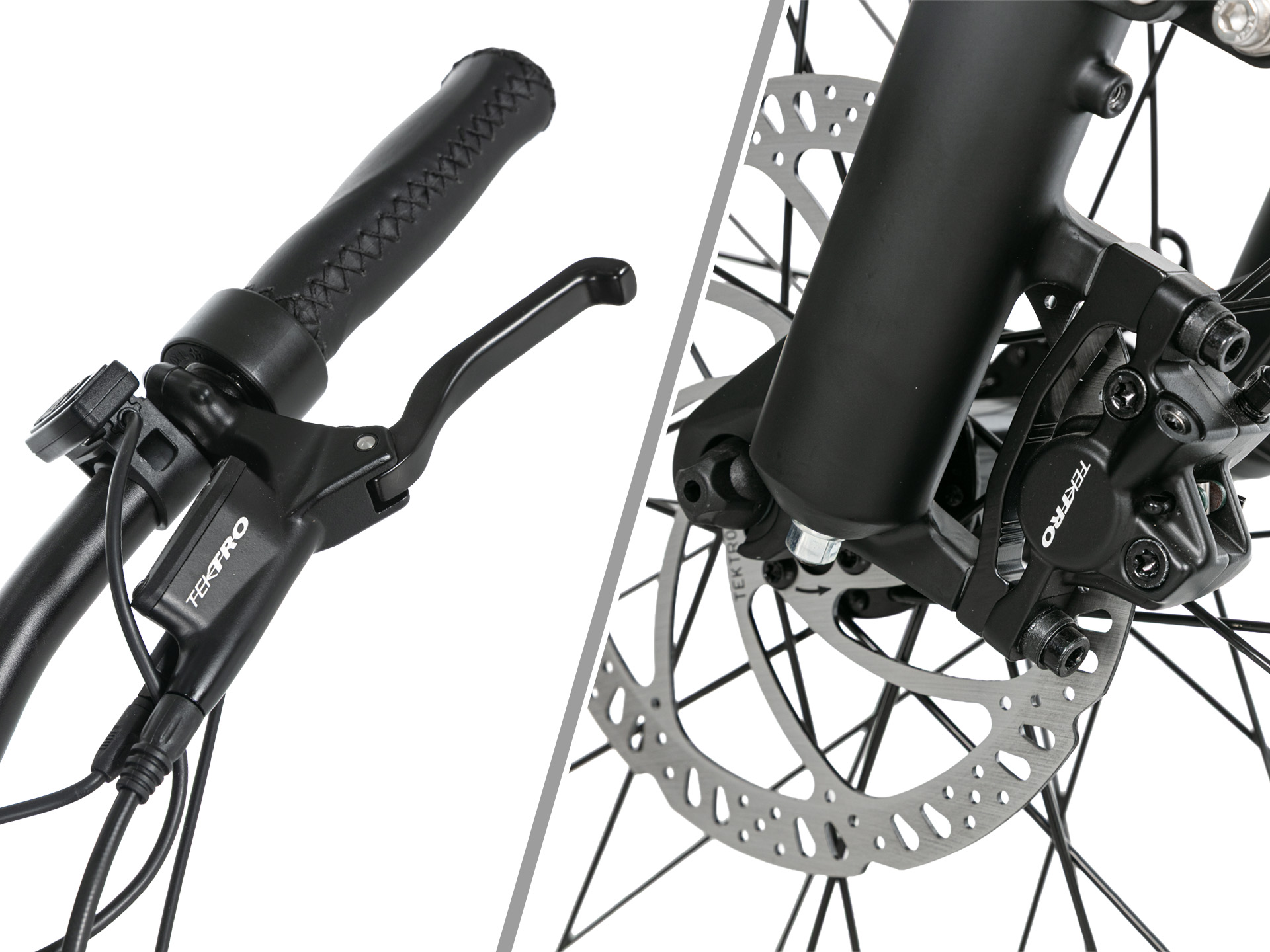 Nahaufnahme des Fahrradlenkers und der Scheibenbremse.