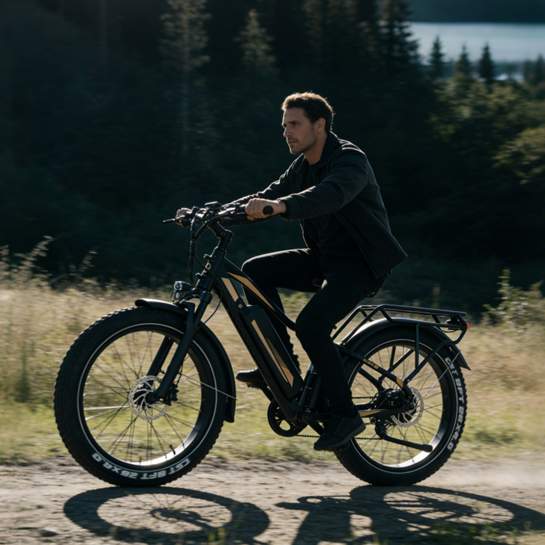 Ein Mann fährt ein schwarzes E-Bike auf einem Feldweg, Bäume im Hintergrund.