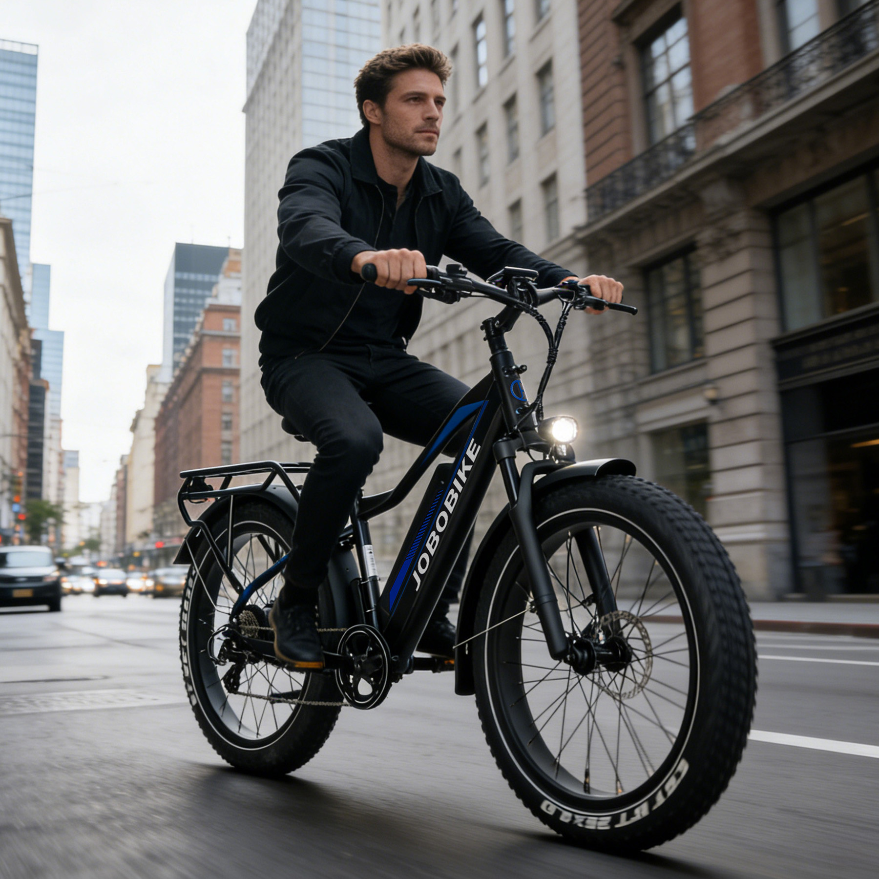 Ein Mann fährt ein schwarzes E-Bike auf einer Stadtstraße mit Gebäuden im Hintergrund.
