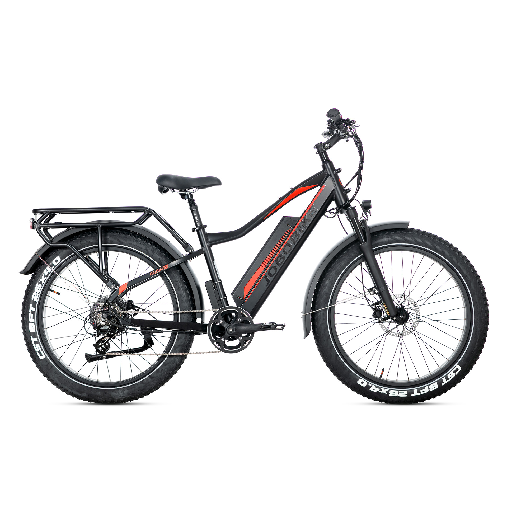 Ein schwarzes Elektrofahrrad mit roten Akzenten und breiten Reifen.