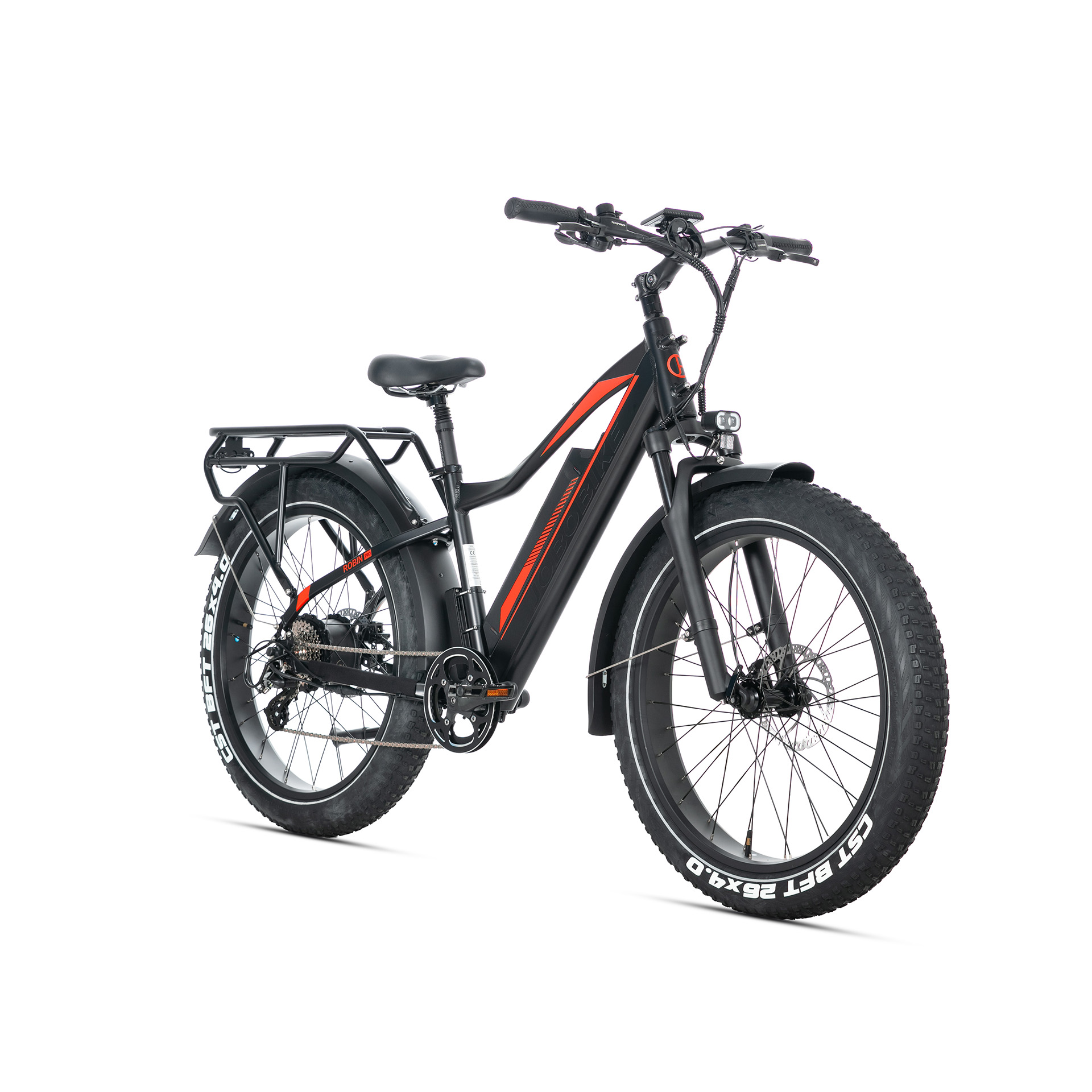 Schwarzes E-Bike mit dicken Reifen, roter Verzierung und Gepäckträger.