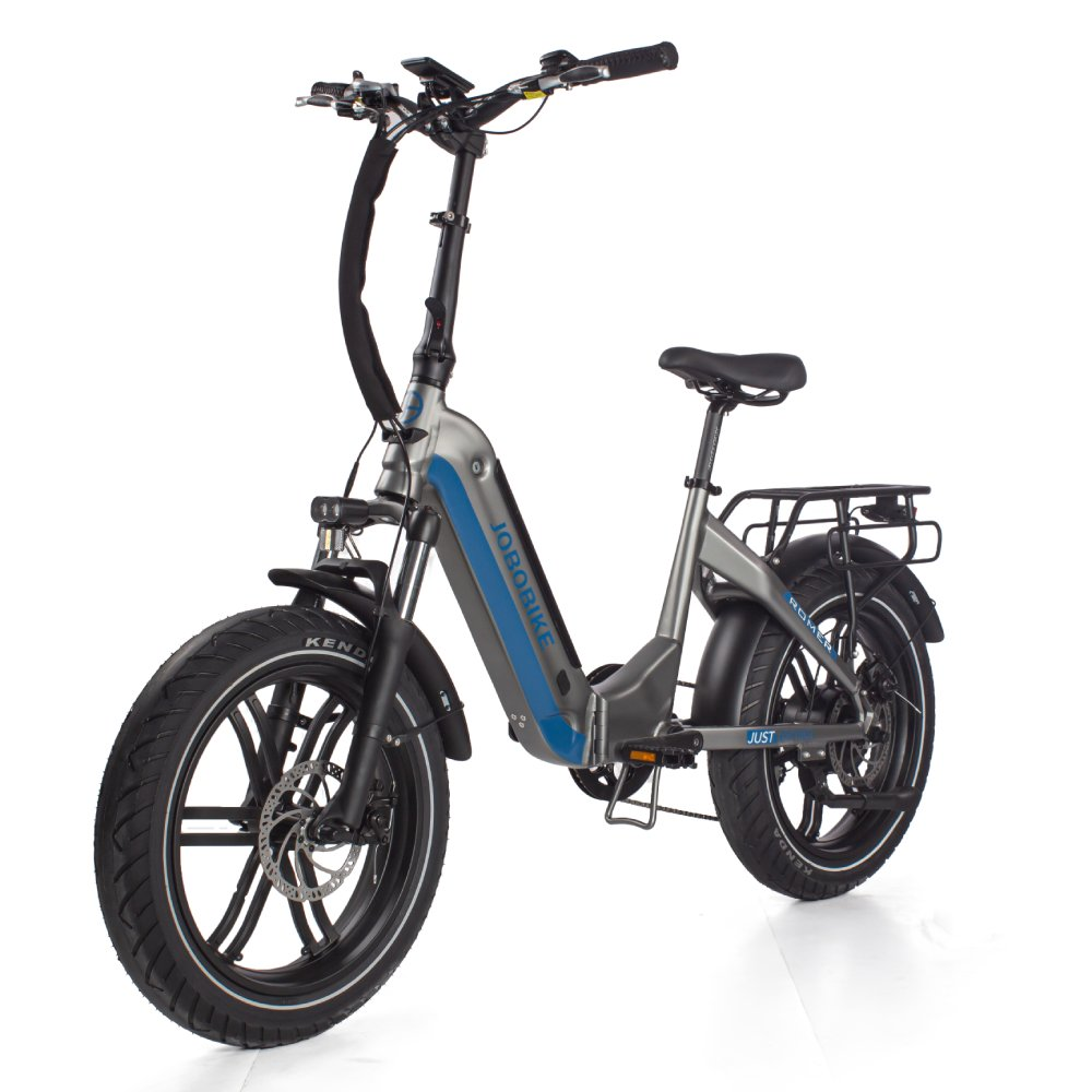 Graues faltbares E-Bike mit blauen Akzenten und Gepäckträger.