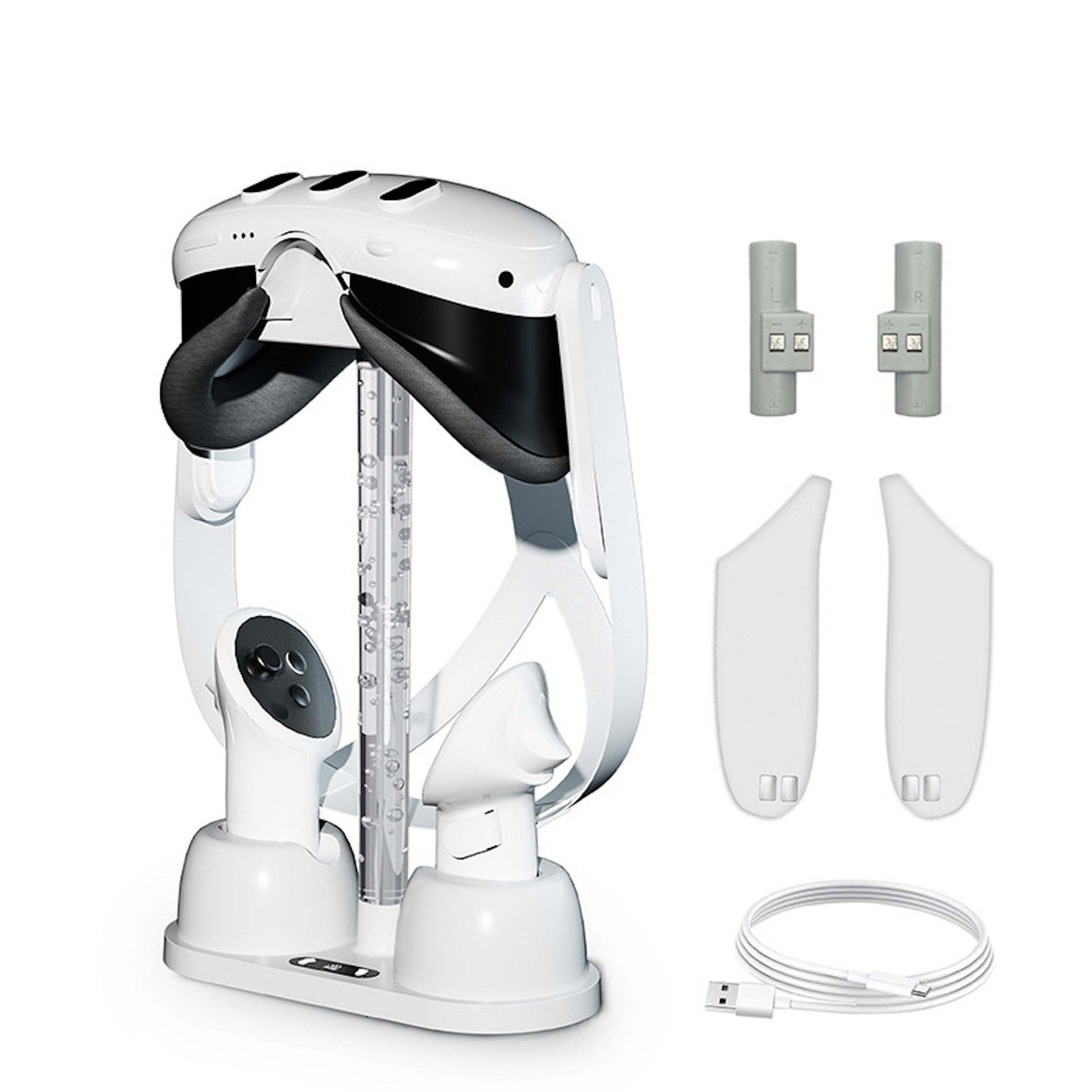 Un pacchetto di accessori per visore VR bianco con cavi e accessori su sfondo bianco.