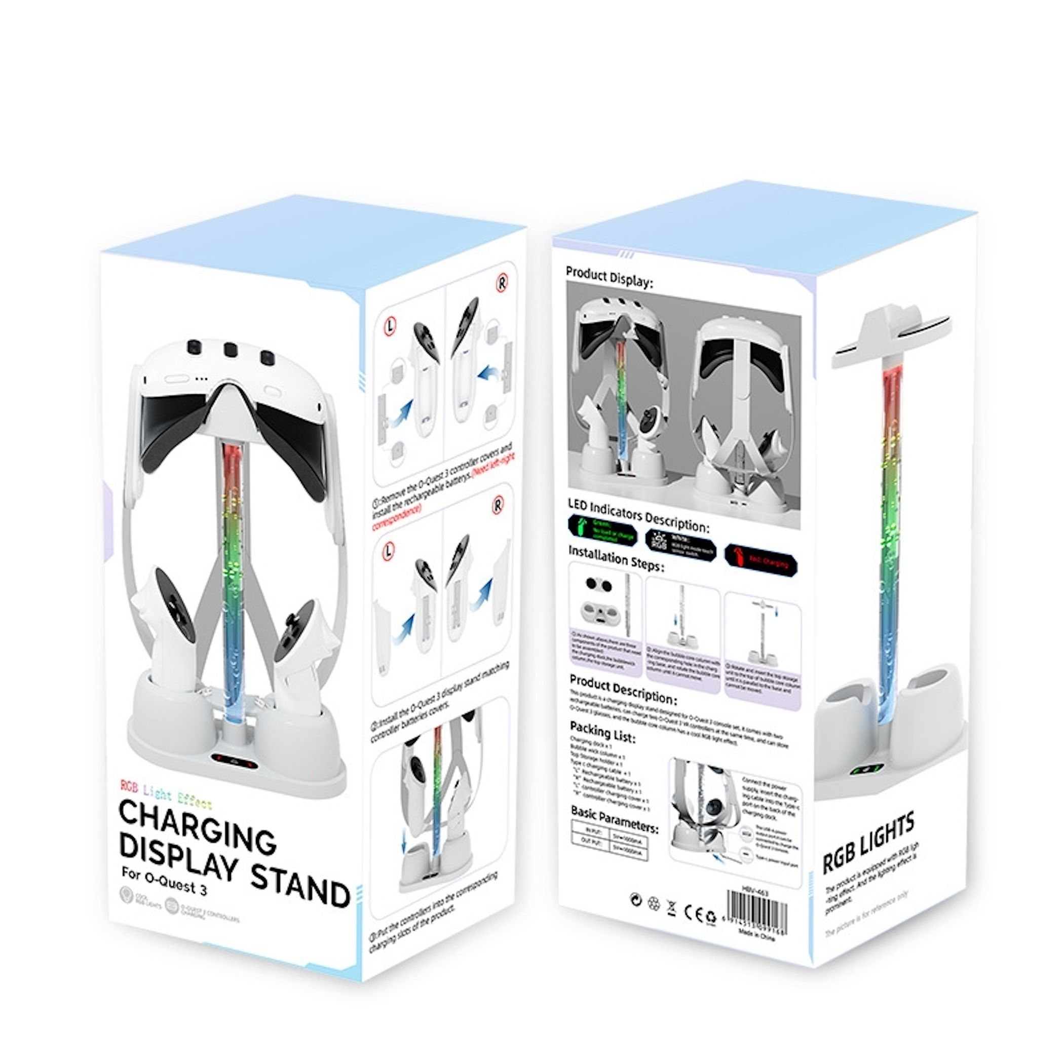 Un supporto di ricarica bianco per O-Quest 3, con illuminazione RGB e slot per controller.