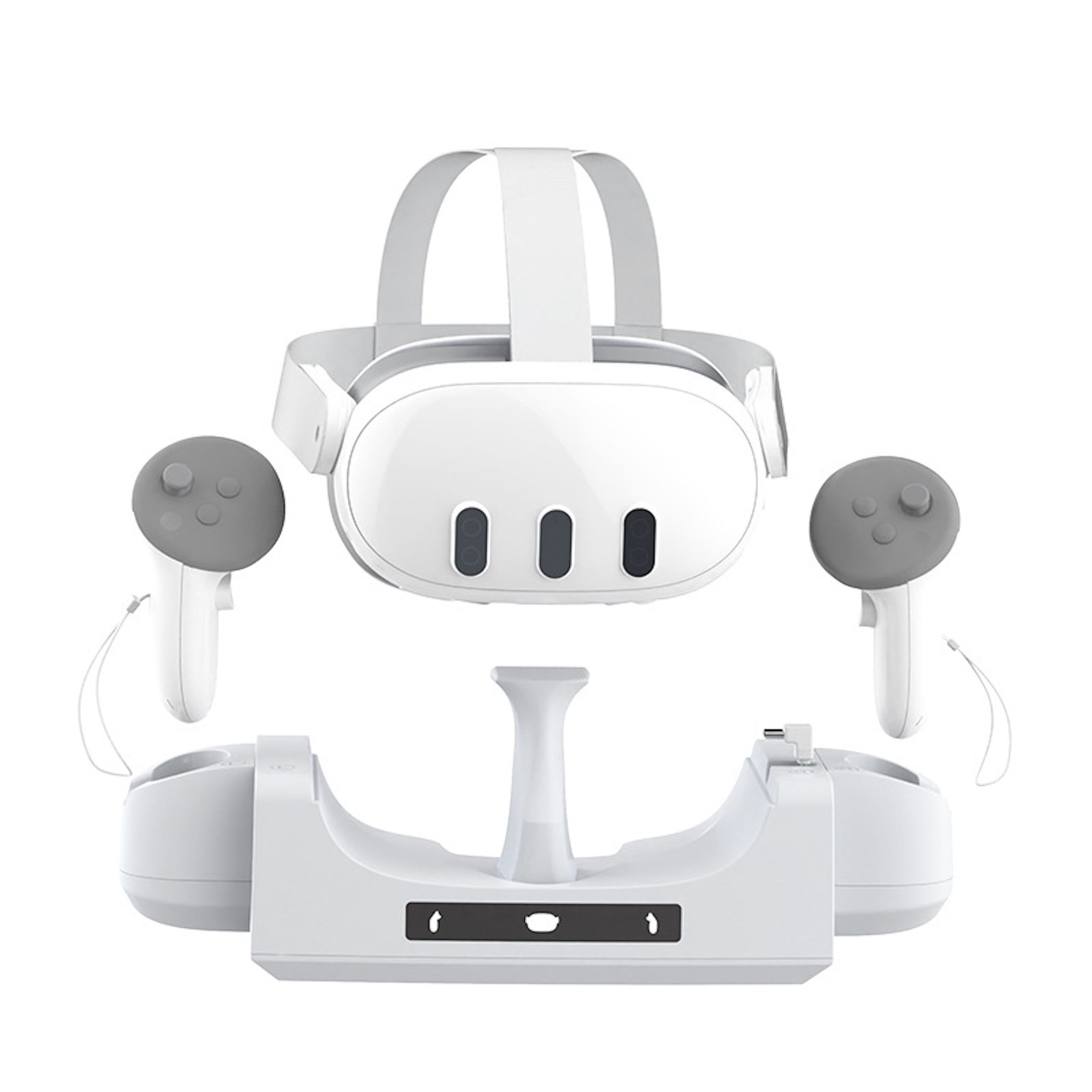 Ein weißes VR-Headset mit Controllern und Ladestation.