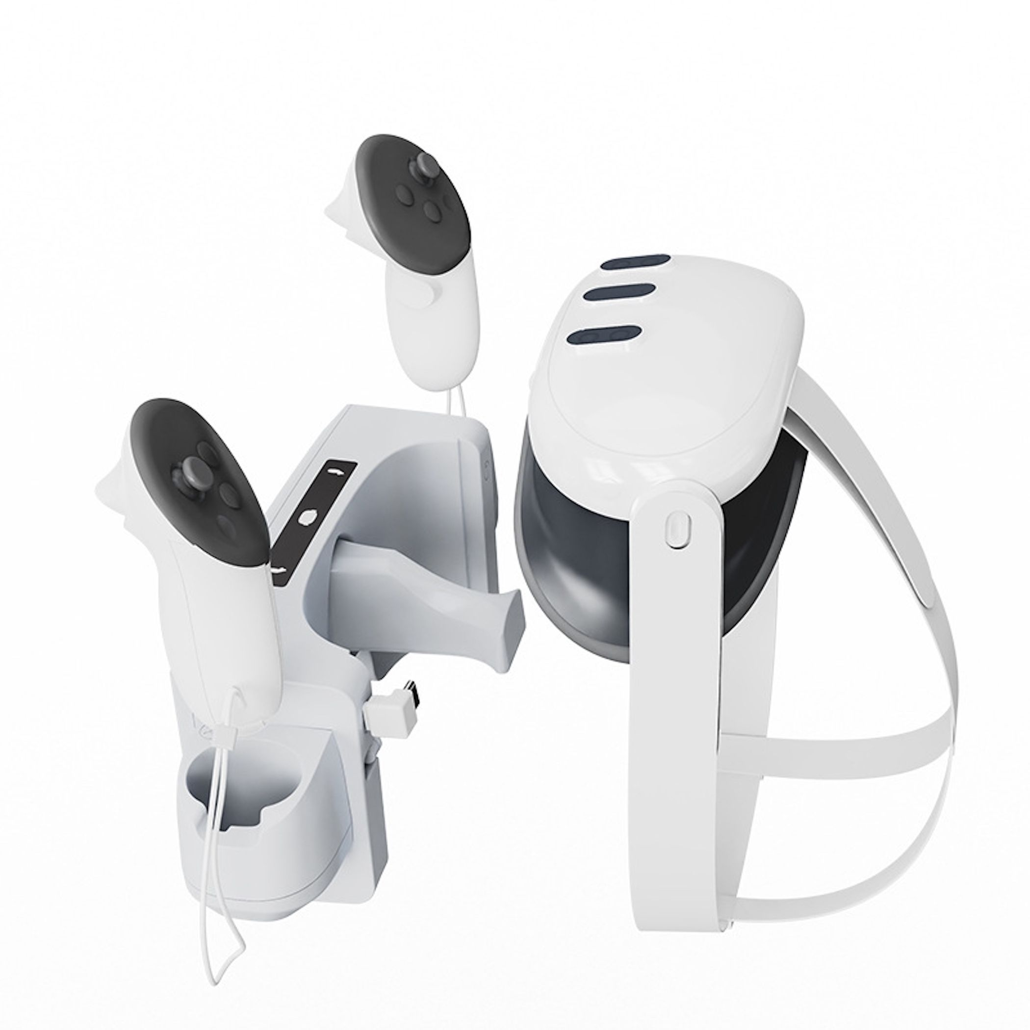 Weiße VR-Brille mit Lade-/Controller-Station auf weißem Hintergrund.