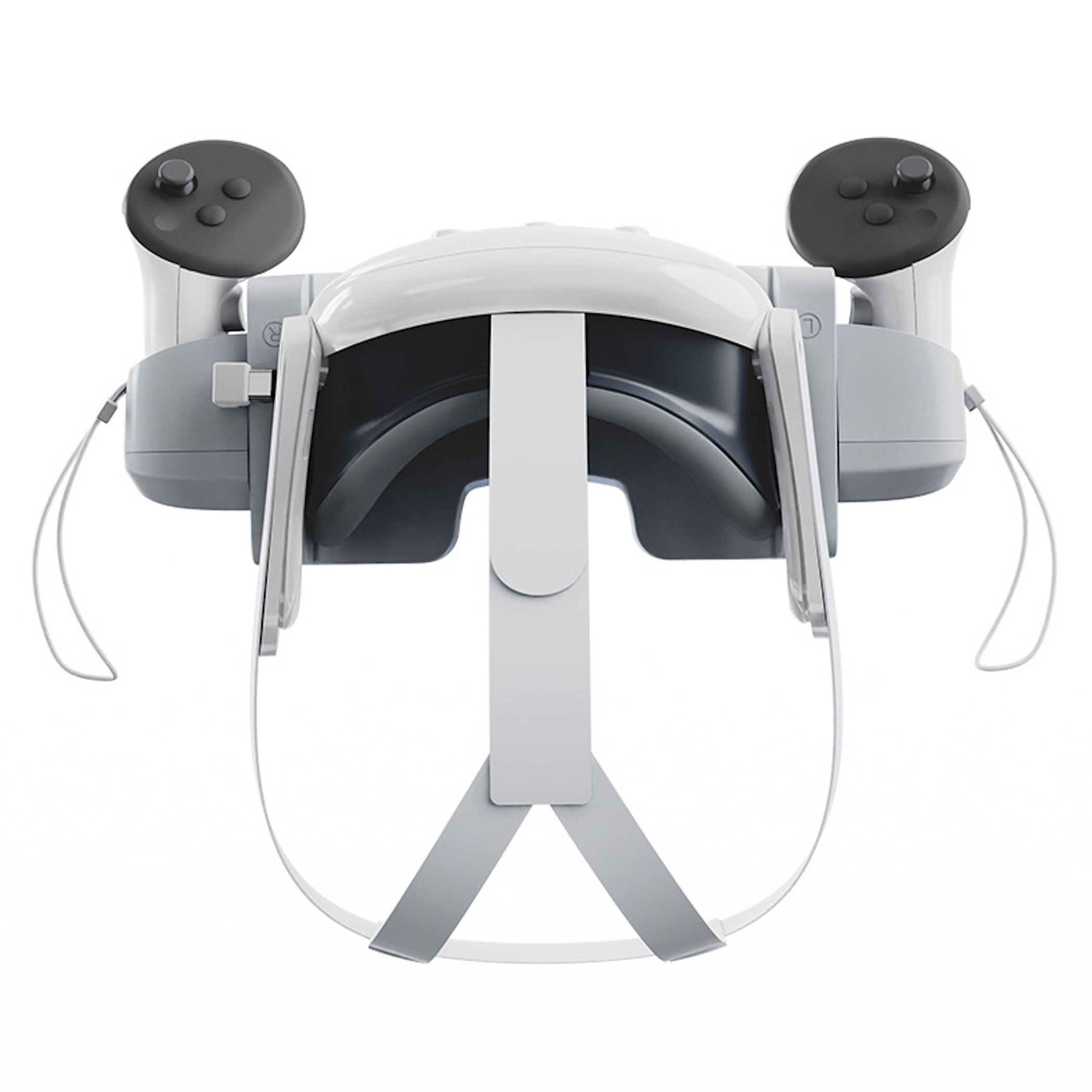 Ein weißes VR-Headset mit schwarzen Controllern und Riemen vor weißem Hintergrund.