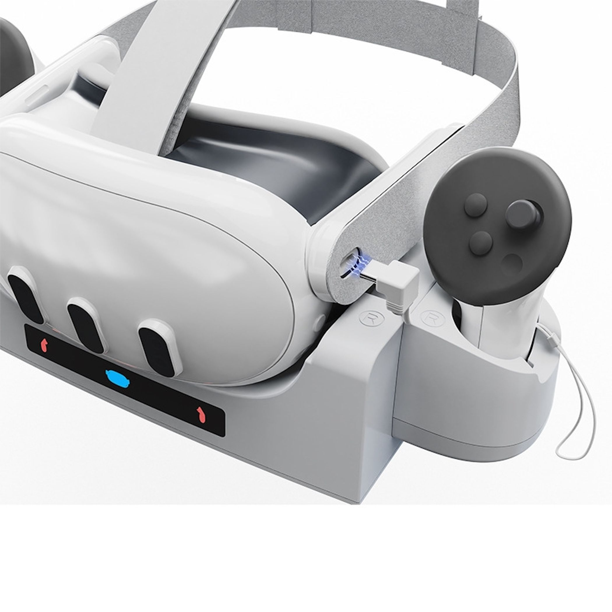 Ein weißes VR-Headset und Controller sind auf einer Ladestation montiert.